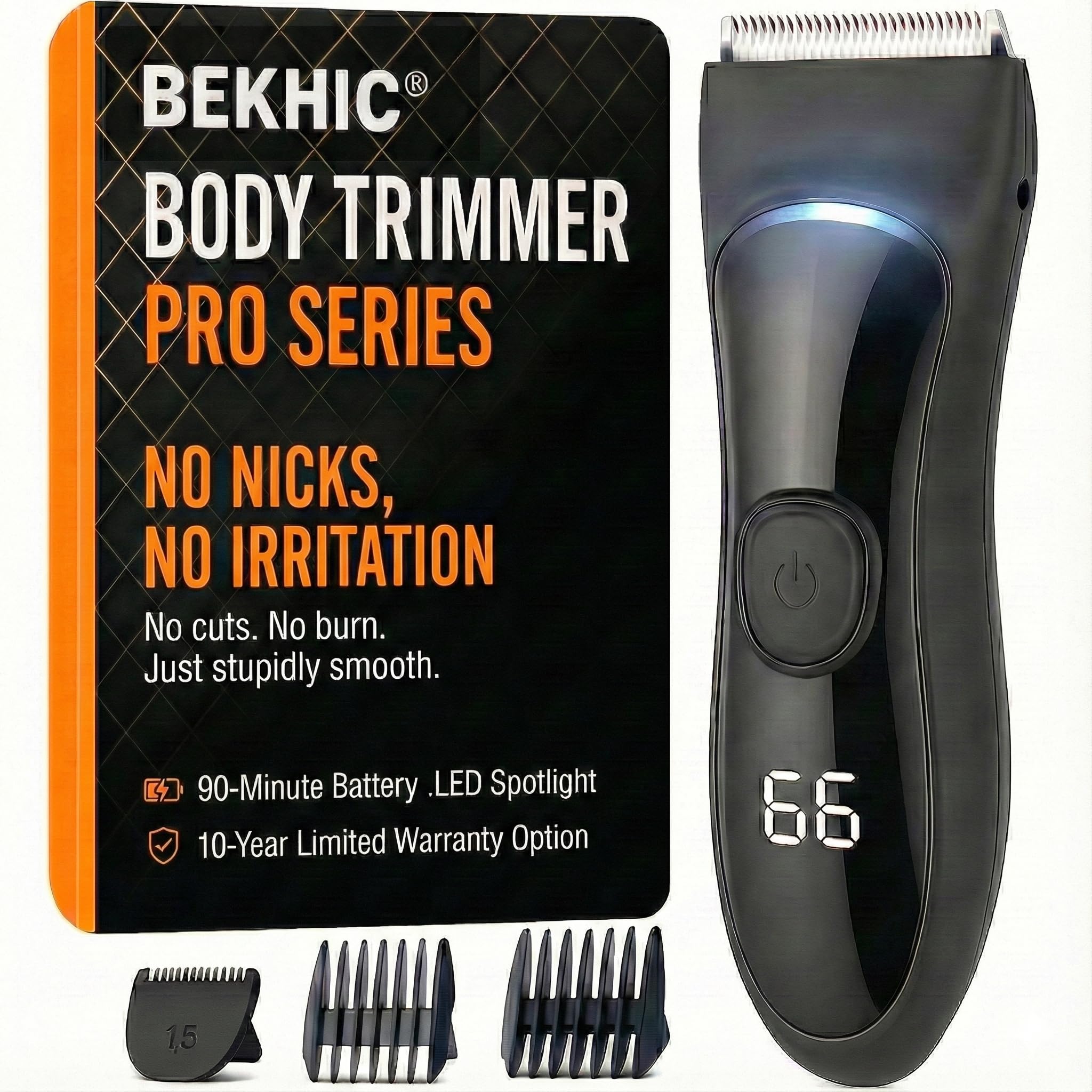 Bekhic® Manscape Groin & Body Hair Trimmer for Men – Waterproof Pubic Hair Shaver & Ball Groomer with LED Light – No-Nick Ceramic Blade, 90-Min