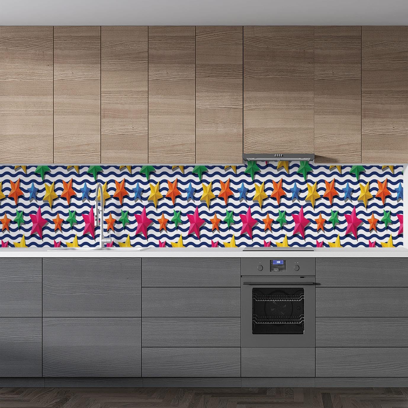 Mutfak Tezgah Arası Folyo Fayans Kaplama Folyosu Renkli Yıldızlar 60x400 CM