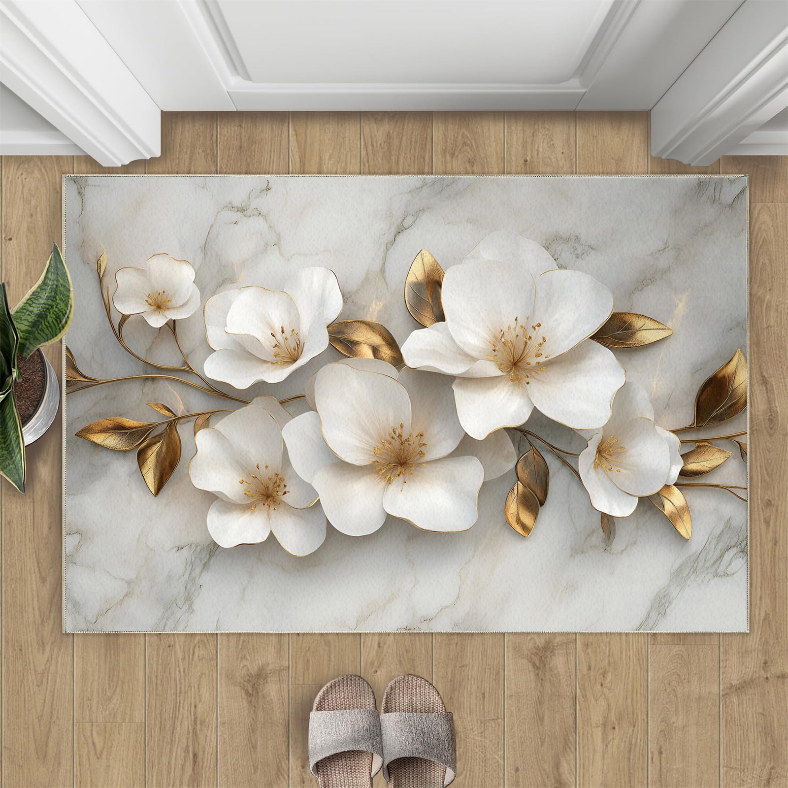3D Relief Floral Rugs for Bedroom - 2x3 Rug, Luxury Marble Texture Area Rugs for Living Room, White Gold Flower Carpet, Modern Flower Washable Area