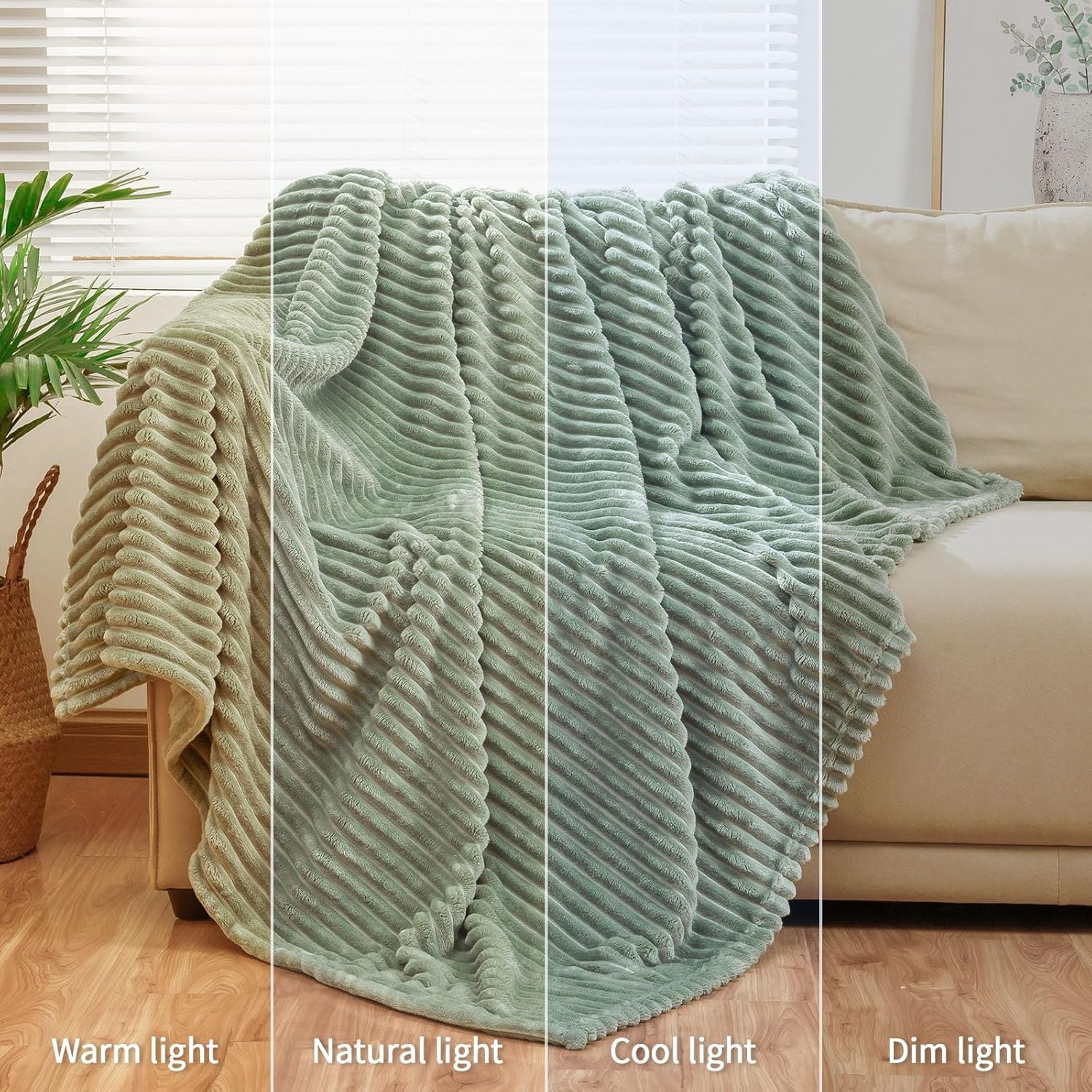 Bnuitland Sage Green Fleece Throw Blanket 90"x90",300GSM Soft Cozy Warm Lightweight Stripe Pattern for Bed Sofa Home Decor,Suitable for Adults Family All Season