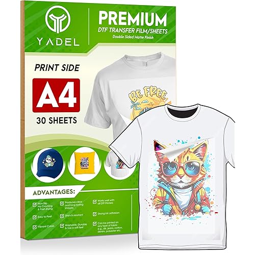 Yadel DTF Transfer Film/Sheets A4 30 Pieces,DTF Transfer Film for Sublimation and Powder,DTF Film and DTF Paper for Seamless Image Transfer,Compatible with All DTF Printers,for Stress Free Crafting