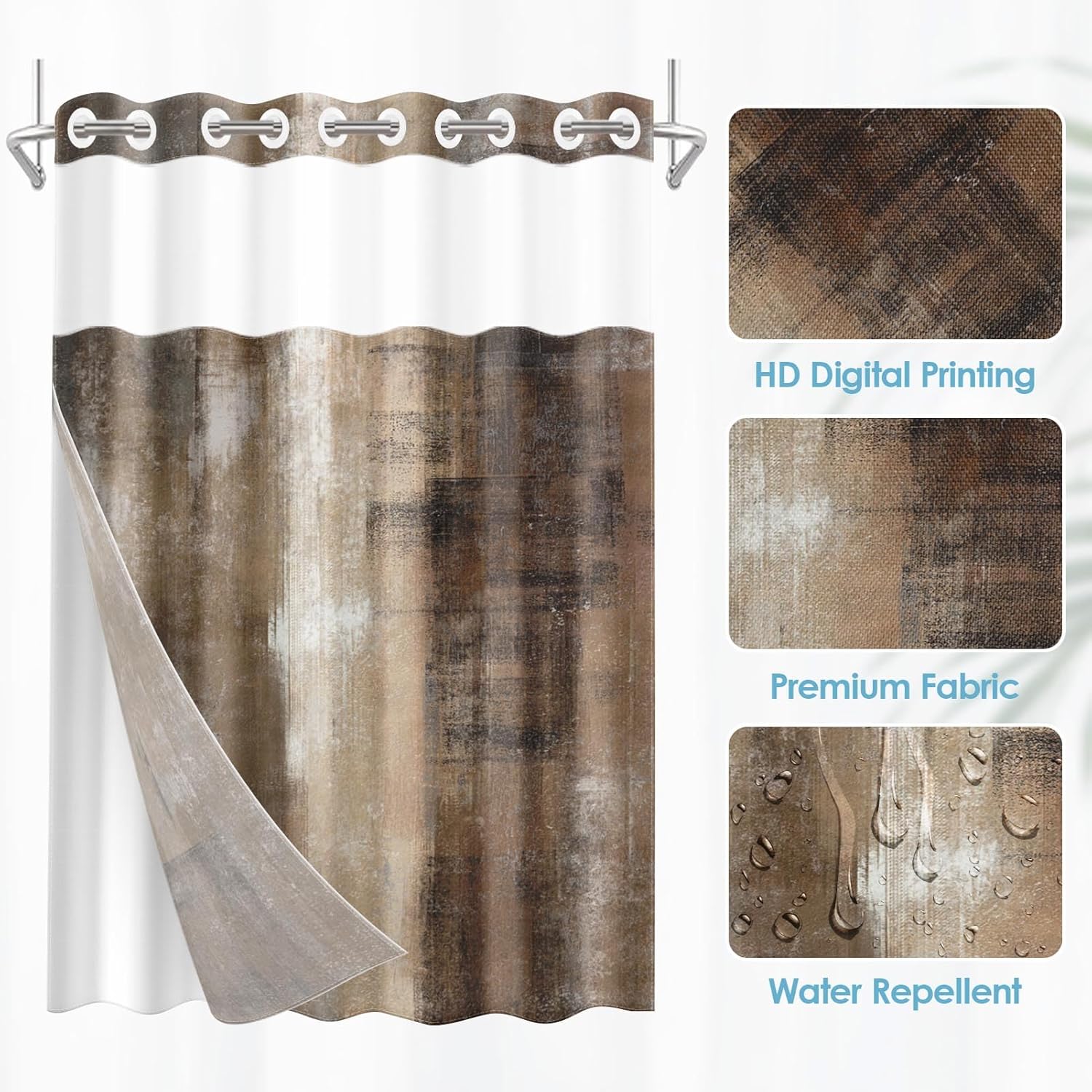 No Hook Brown Grey Painting Shower Curtain with Snap in Fabric Liner Set, Vintage Beige Double Layers Waterproof Fabric with See Through Top Window Open Grommet Bath Curtain 71x74 Inch