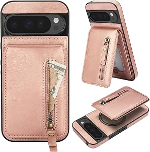 Wallet Hülle für Google Pixel 9 Pro XL, 2-IN-1 Abnehmbare Magnetische Reißverschluss Geldbörse mit Kartenhalter und Ständer Retro PU Leder Stoßfeste Handyhülle für Pixel 9 Pro XL – ZFT Rose