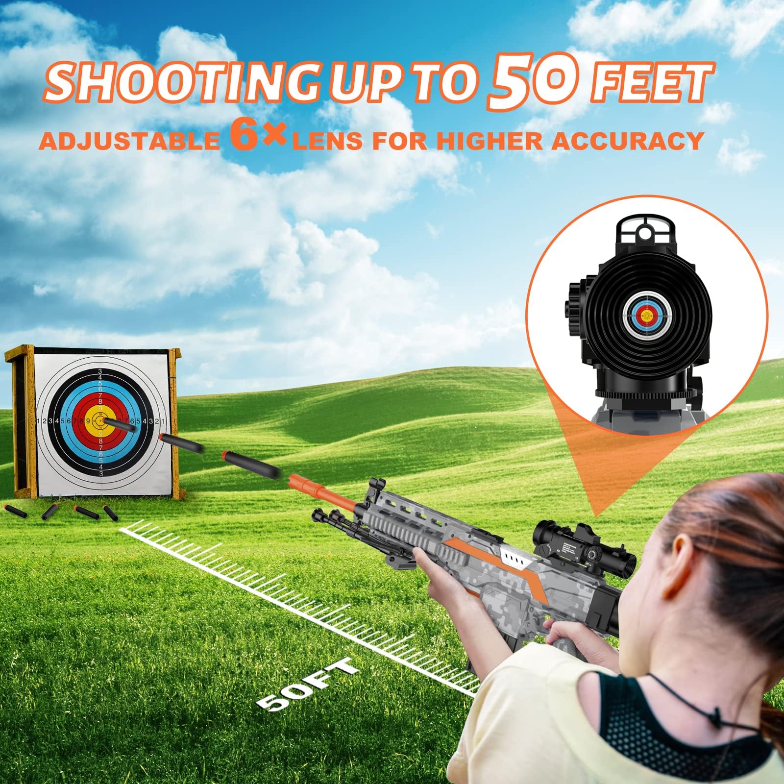 Elektrisches Spielzeuggewehr für Nerf Sniper mit Zielfernrohr, 3 Modi, wiederaufladbar, mit Zweibein, 2 Magazinen & 100 Darts -Grey-NEW