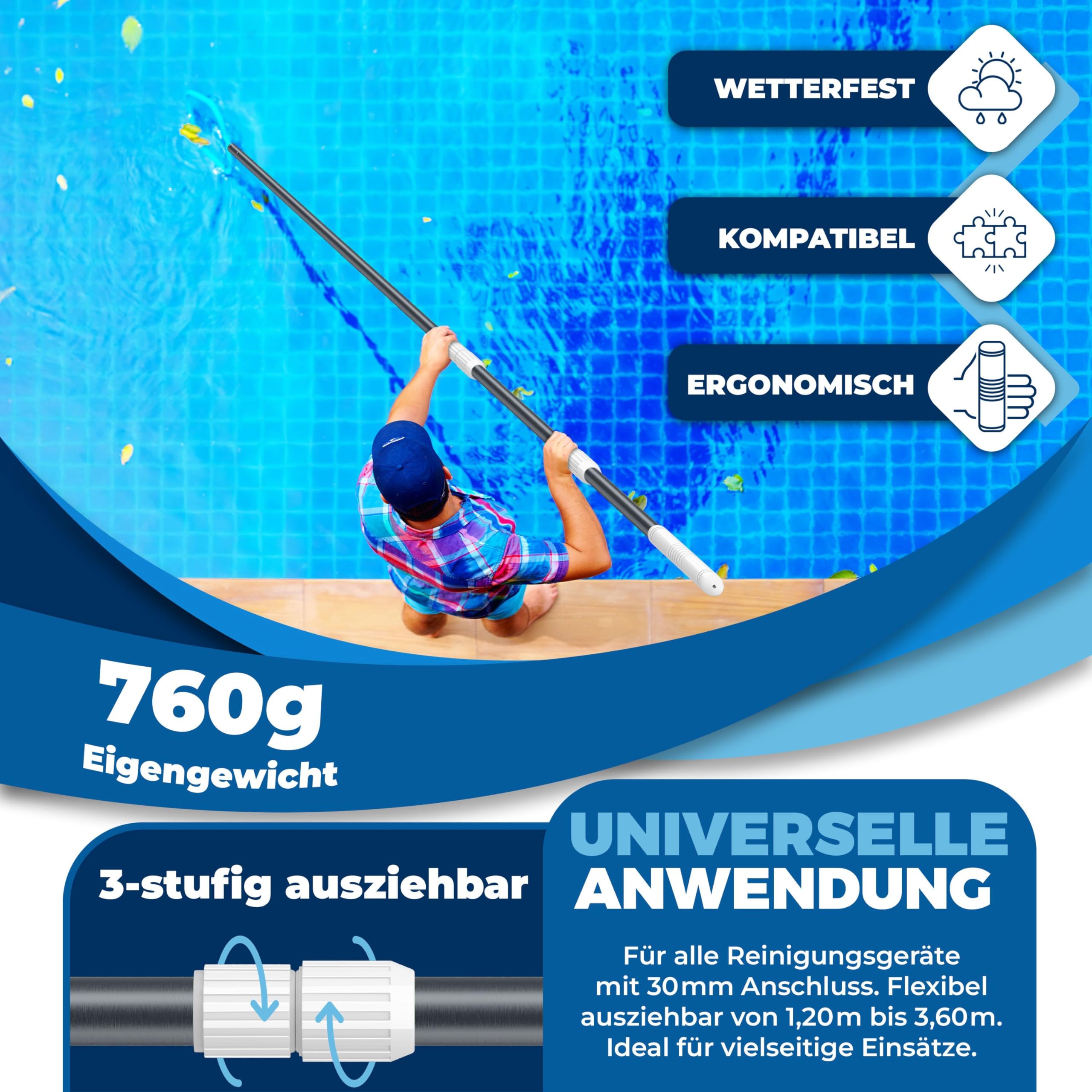 KESSER® Pool Teleskopstange Aluminium Poolstange | Stange zur Poolreinigung 3-teilig | einstellbar von 1,20m bis 3,60m | Witterungsbeständig und Stabil, Anthrazit