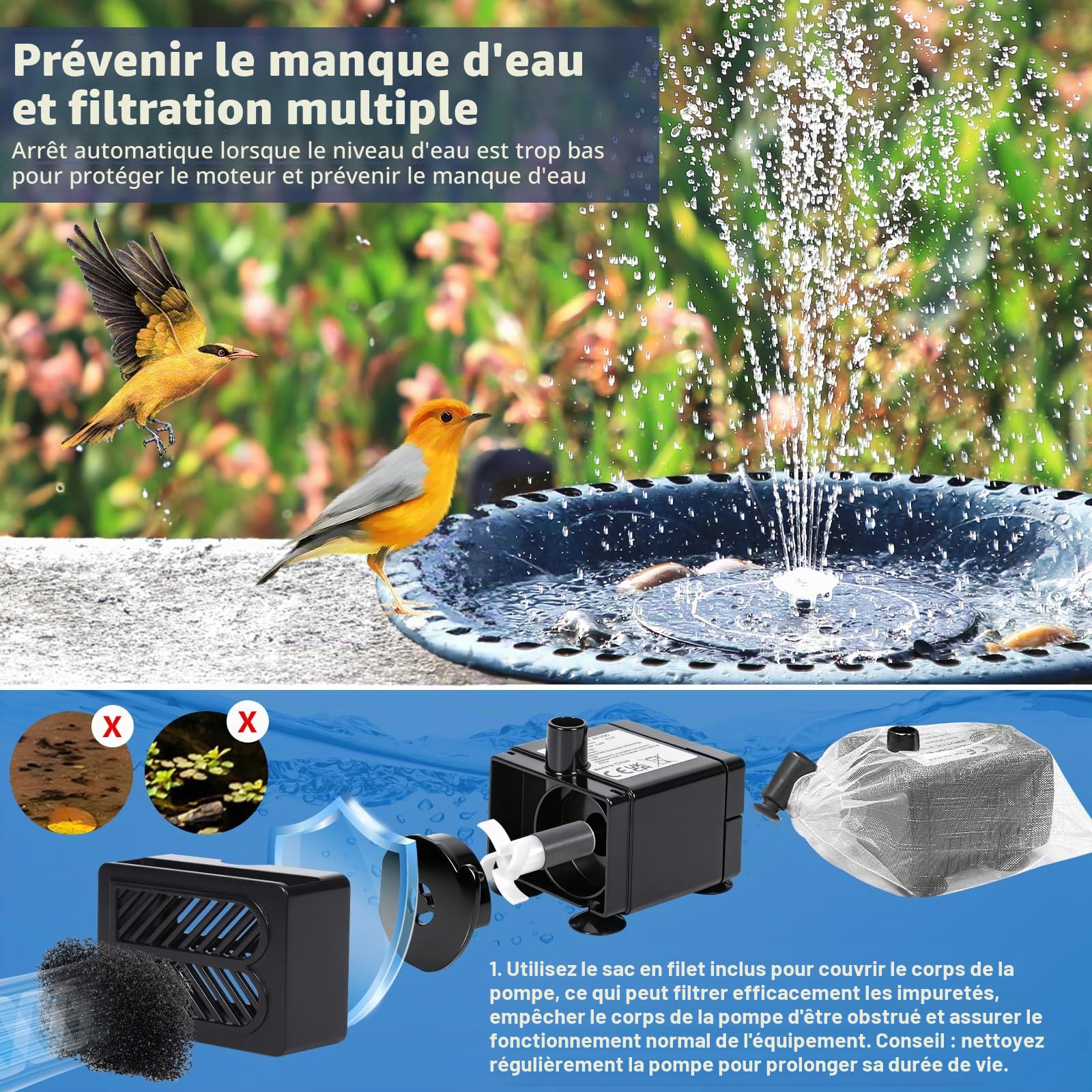 Fontaine Solaire Extérieure Pompe Bassin 6,5W avec 9 Buses pour Bain d'oiseaux Jardin