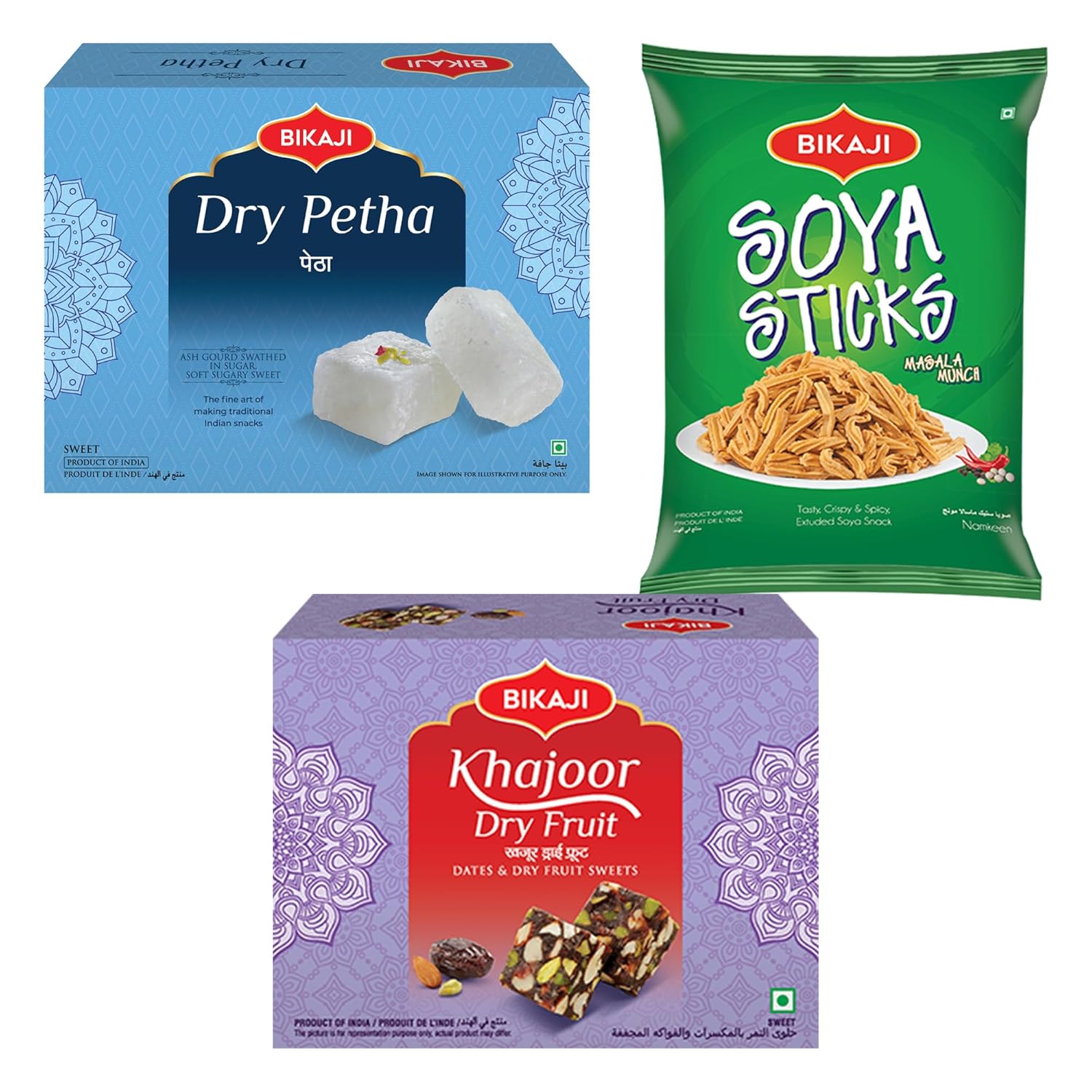 Bikaji Dry Petha 350G, Khajur Dry Fruit Barfee & Soya Sticks Masala Munch Combo | Authentic Indian Sweet & Namkeen | Crunchy Tea-Time & Party Snack