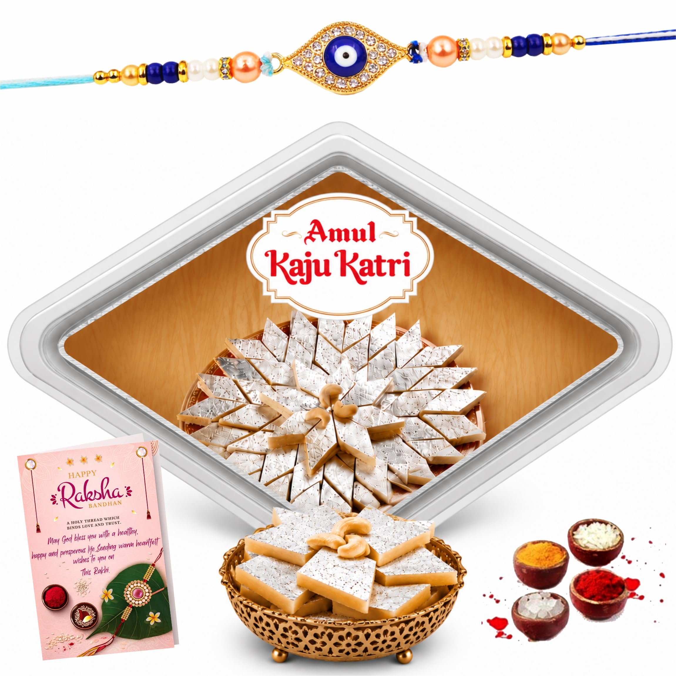 Rakhi with Sweets-Elegant Single Piece Premium Designer Evil Eye Rakhi with Sweet Kaju Katli/Katri for Brother/Bhai/Bhaiya,Men,Boys with Tikka Set,Rakshabandhan Greeting Card-image-14