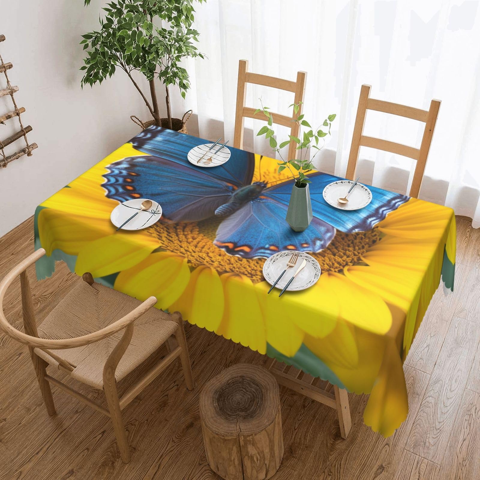 Fodpand Black Sunflower Blue Butterfly Tablecloths For Rectangle Tables 72 X 54 Inches - Reusable And Washable Table Clothes Decorative Table Cover For Dining Tables, Buffet Parties, Wrinkle Resistant