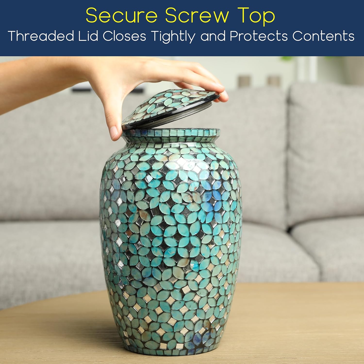 Mosaic Glass Cremation Urn - Hand Made Funeral Urn for Human Ashes - Large Adult Size Burial Urn - Hand Applied Individual Tiles Create a one of a Kind Work of Art - 200 cu in (Blue) - Image 5