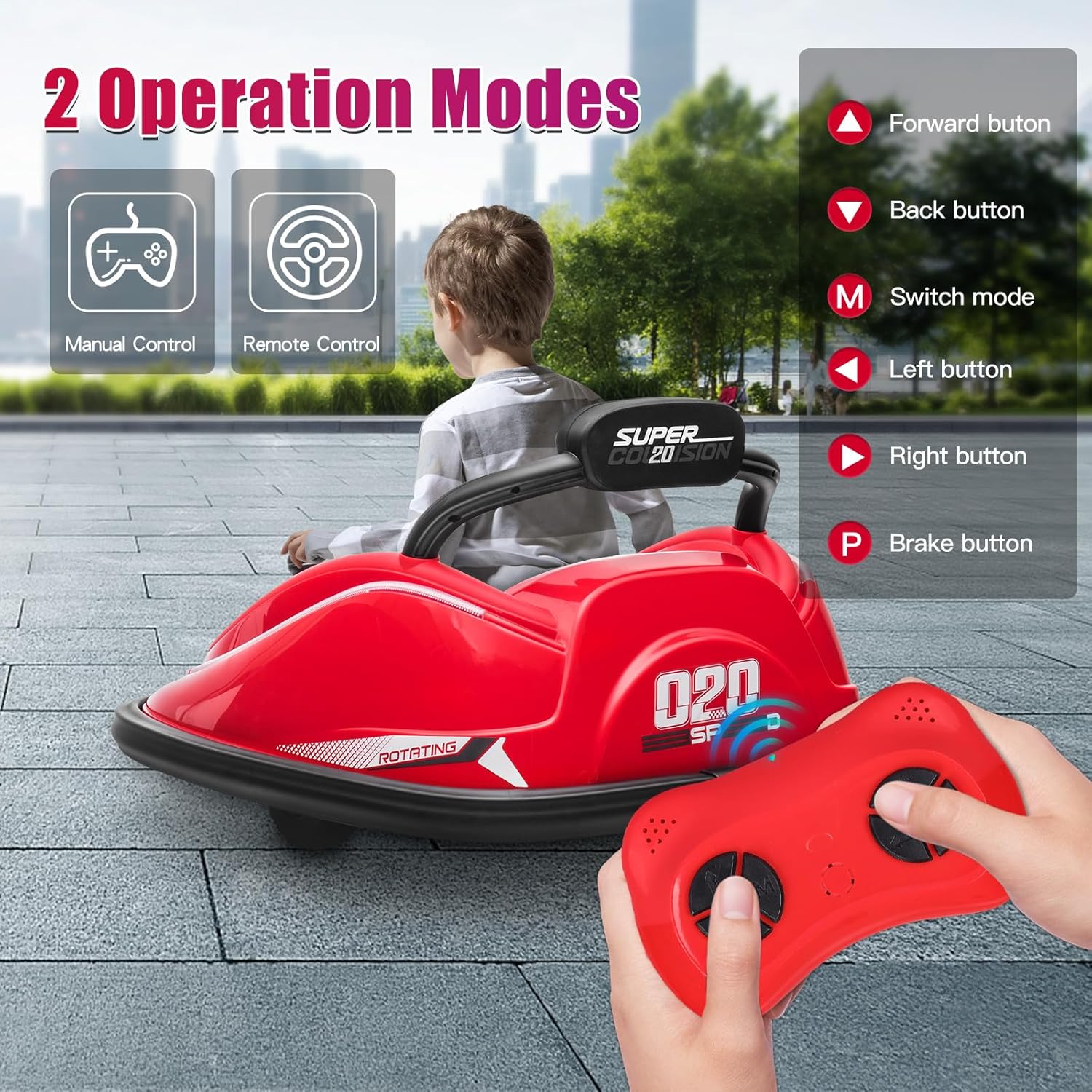 Electric Bumper Car, 12V Electric Ride on Car for Kids with Remote, 360 Degree Spin, 2-Speed, Music, LED Lights, Ages 1.5-8 Years Old, Bumper Car for Toddlers (Red)