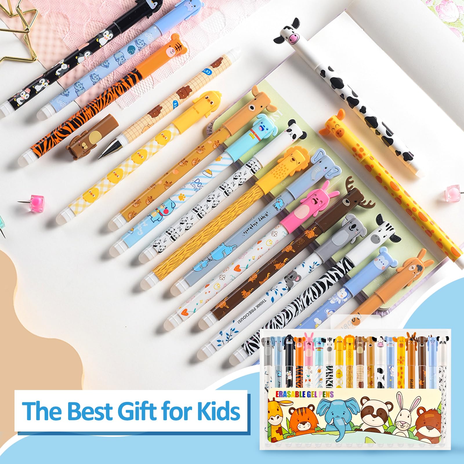 Penne cancellabili a forma di animali per bambini – 18 penne gel con gomma, scrittura morbida da 0,5 mm, penne natalizie per idee regalo per scuola e ufficio