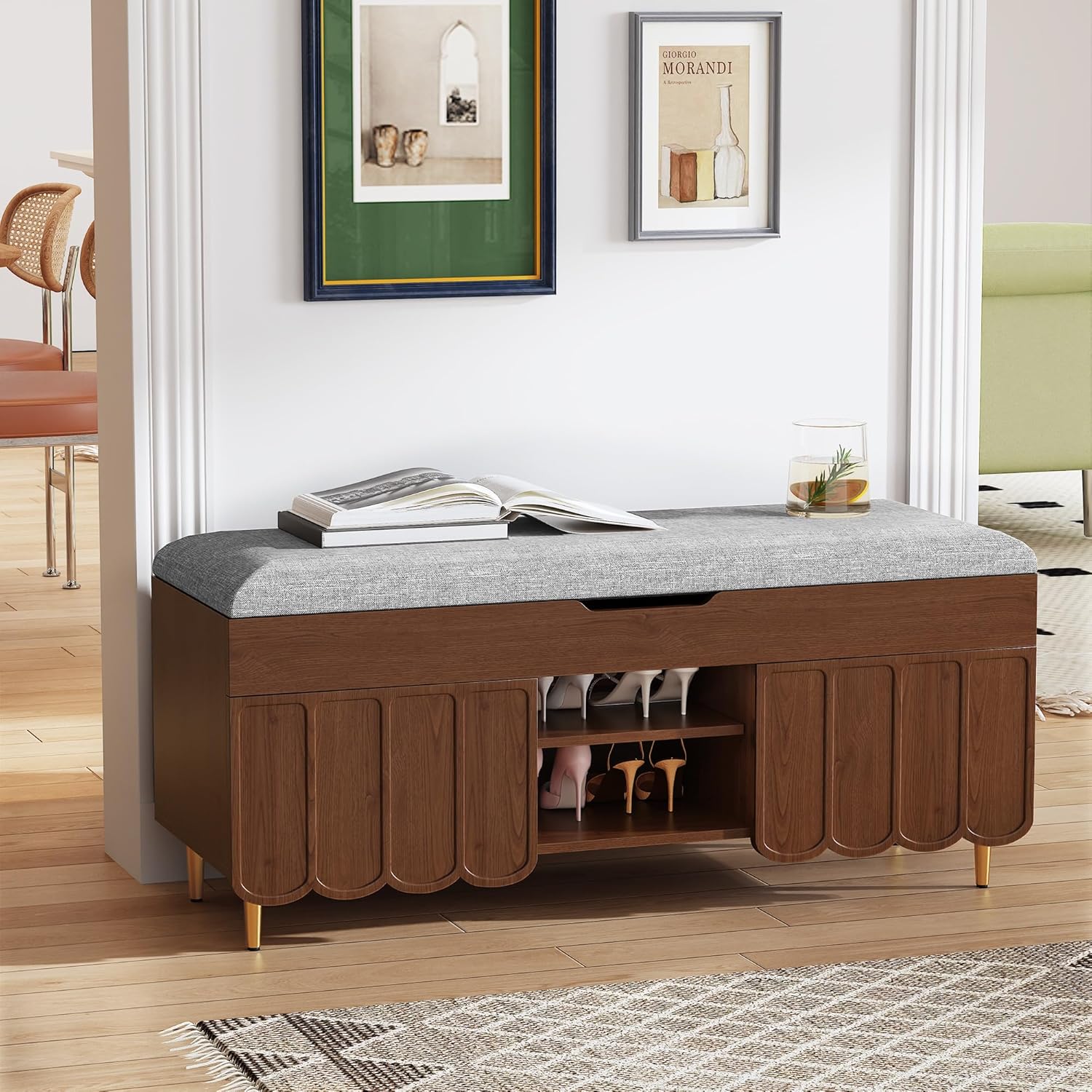 3More 40" Entryway Shoe Storage Bench,Upholstered Hidden Space Beneath Seat Cushion Bench,2-Tier Unique Geometric Shape with Wood Grain,Walnut