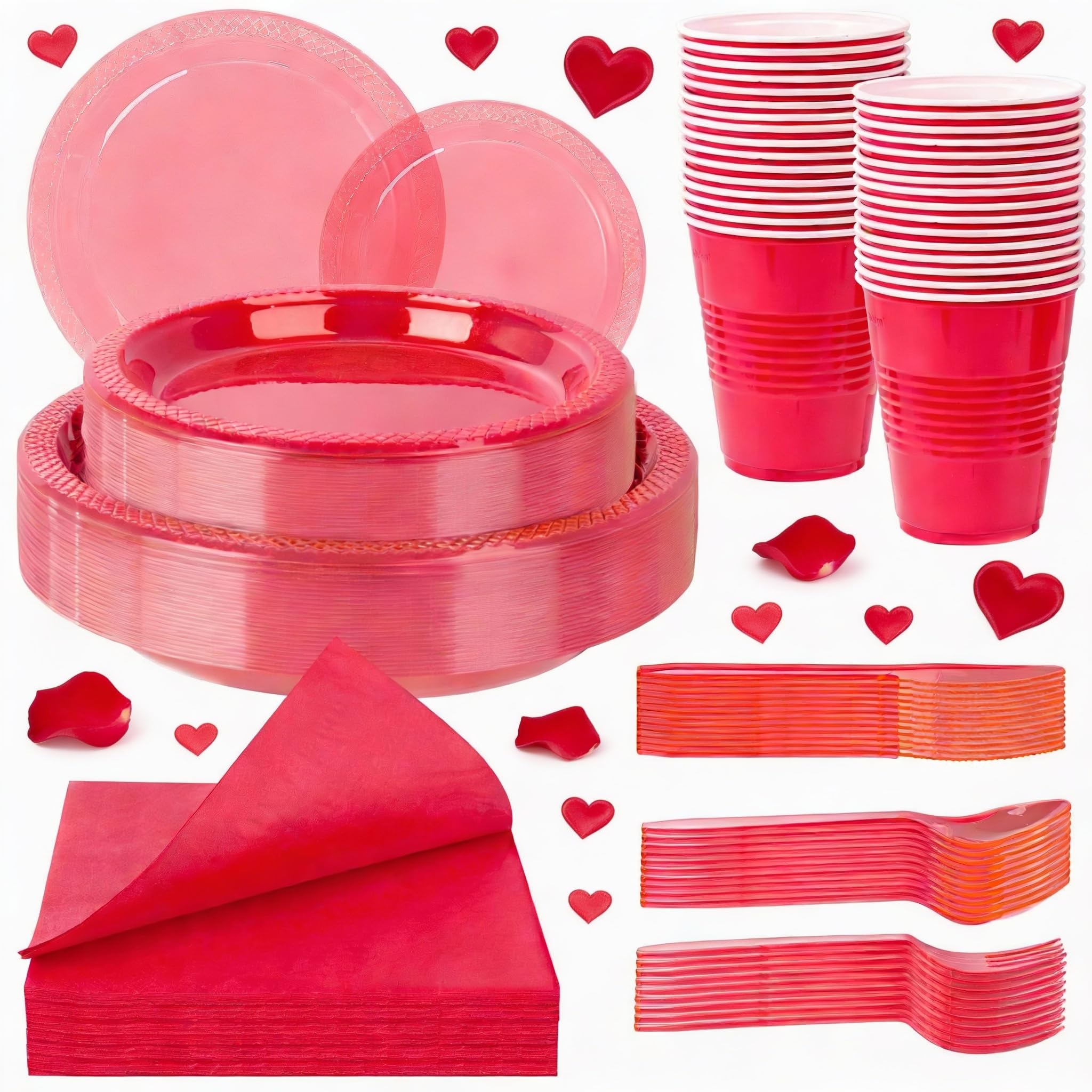 WELLIFE 210 PCS Clear and Red Plastic Plates for 30 Guests - Disposable Dinnerware Set Including Dinner Plates, Dessert Plates, 12oz Cups, Cutlery &