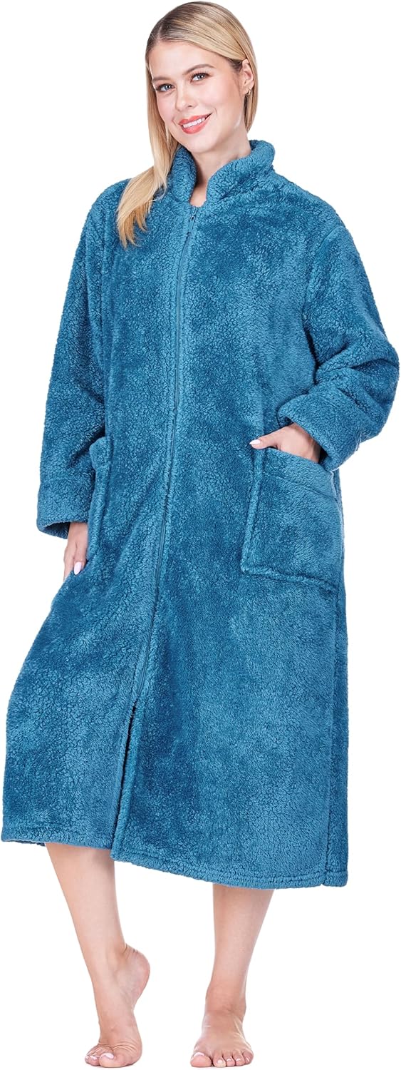 PAVILIA Womens Housecoat Zip Robe, Sherpa Zip Up Front Robe Bathrobe, Plush Warm Zipper House Coat Lounger, Pockets Fluffy - Image 3