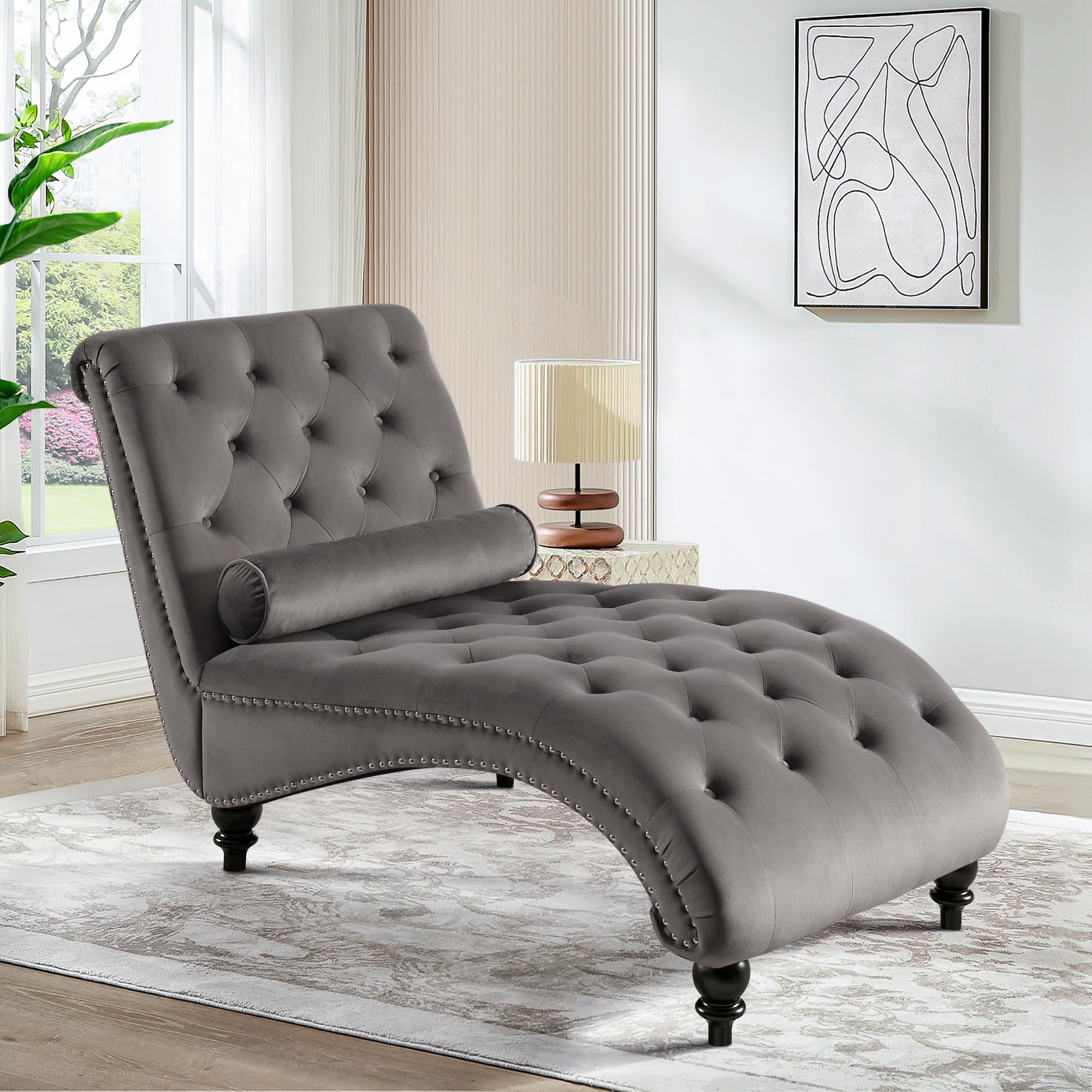 SLEERWAY Chaise Lounge Indoor, Button Tufted Velvet Upholstered Lounge Chair with Solid Wooden Leg and Lumbar Pillow, Modern Sleeper Lounge Sofa for