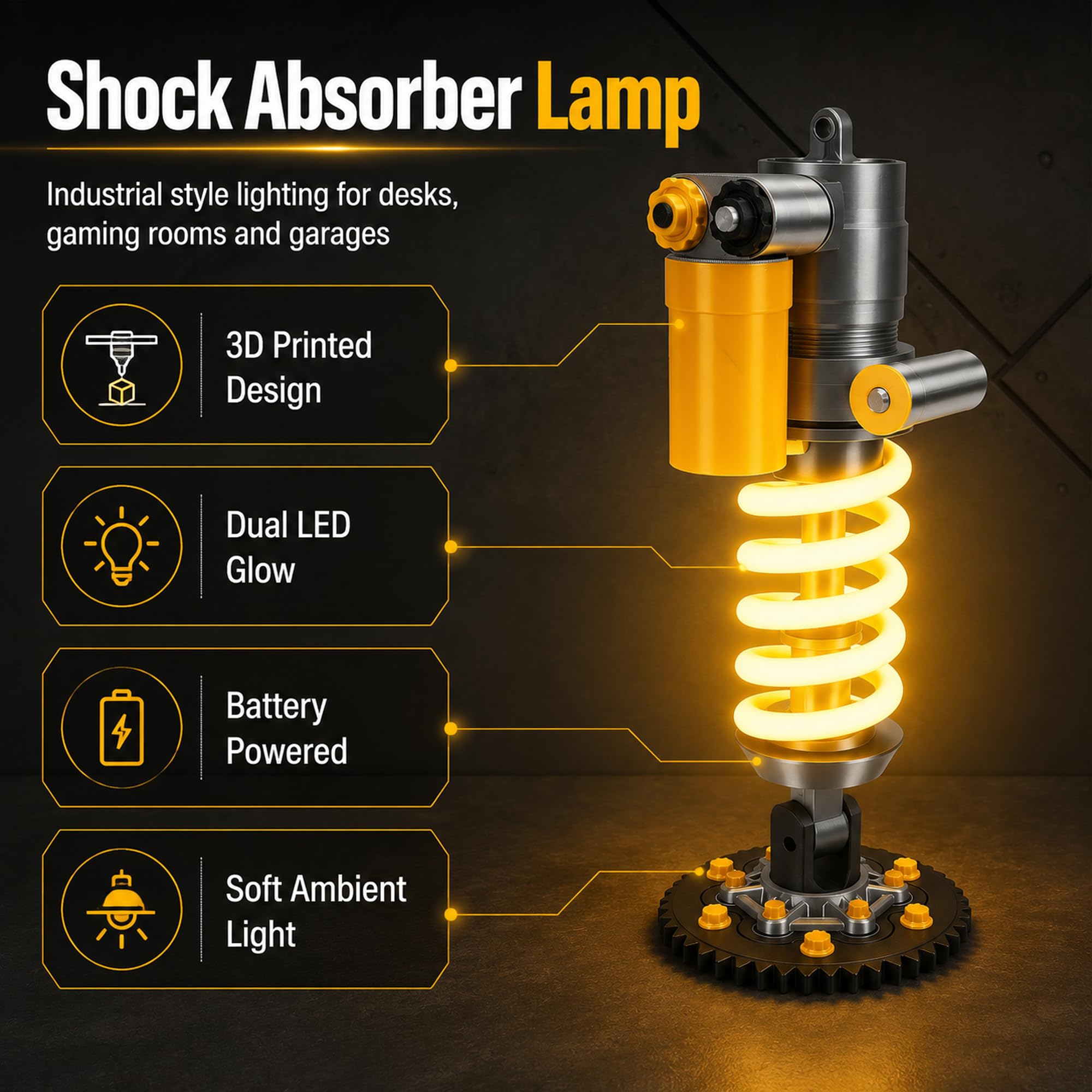 Elprico Lampe de Bureau à Amortisseur de Chocs, Veilleuse LED Imprimée en 3D avec Double éclairage, Lampe de Table Industrielle Alimentée par Batterie pour Salle de Jeux, Chambre à Coucher, Garage