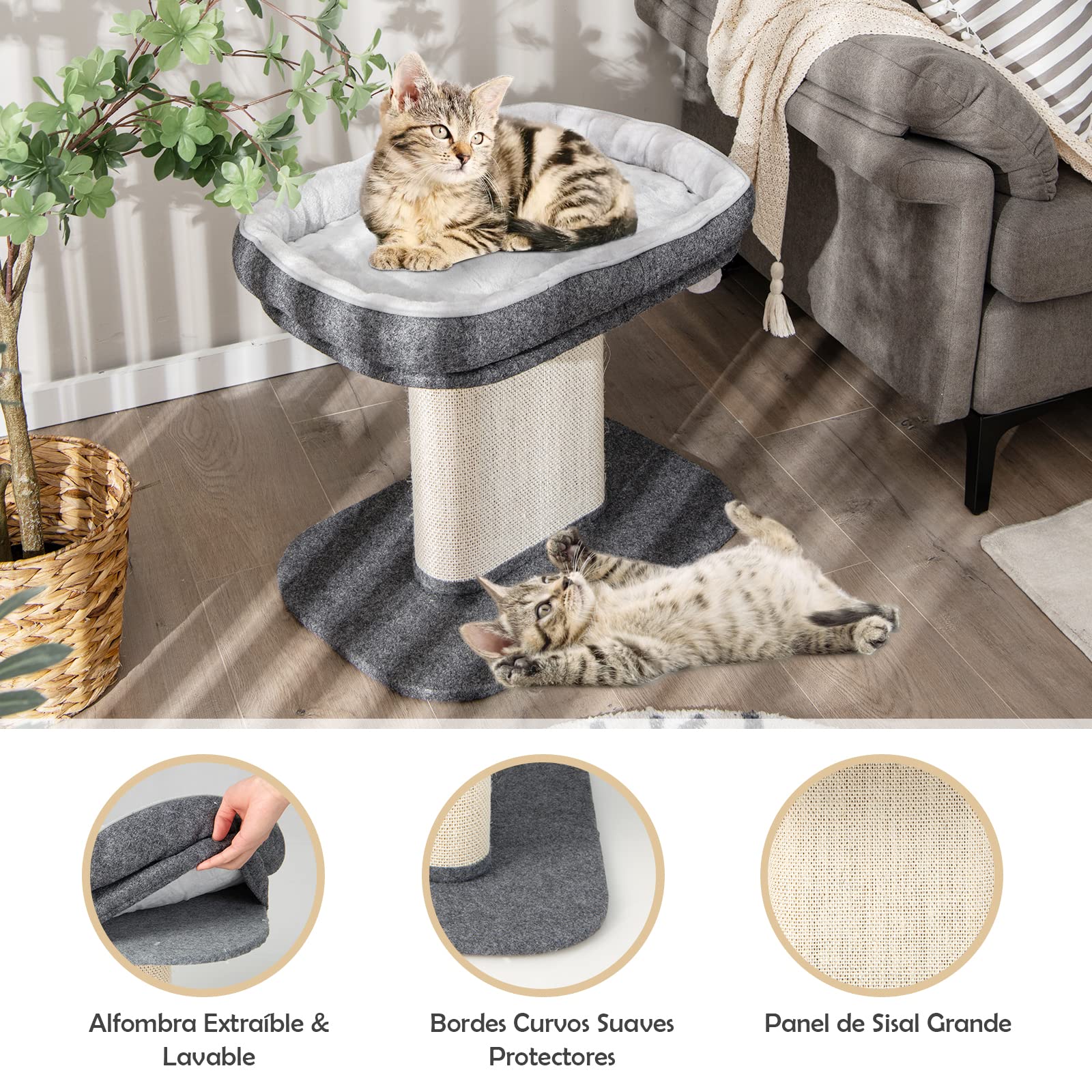 COSTWAY Árbol Rascador Pequeño para Gatos, 59 x 39 x 50 cm, Torre de Actividades para Gatitos con Poste Rascador de Sisal y Almoadilla de Felpa, Bola, Cama Rascador para Gatos con Cojín Suave (Gris)