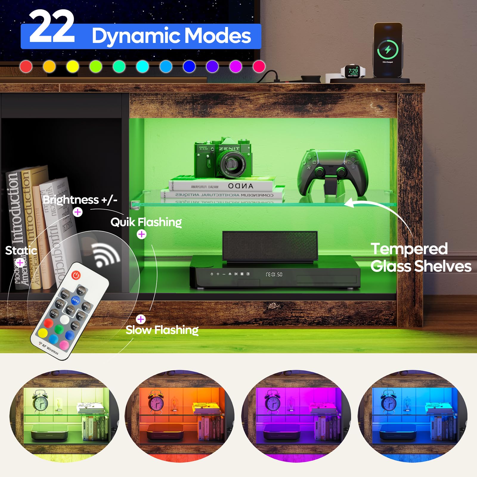 Bestier Mobile Porta TV 140 cm Mobile TV Moderno con Ripiano in Vetro Illuminato a LED RGB (140cm+Socket)