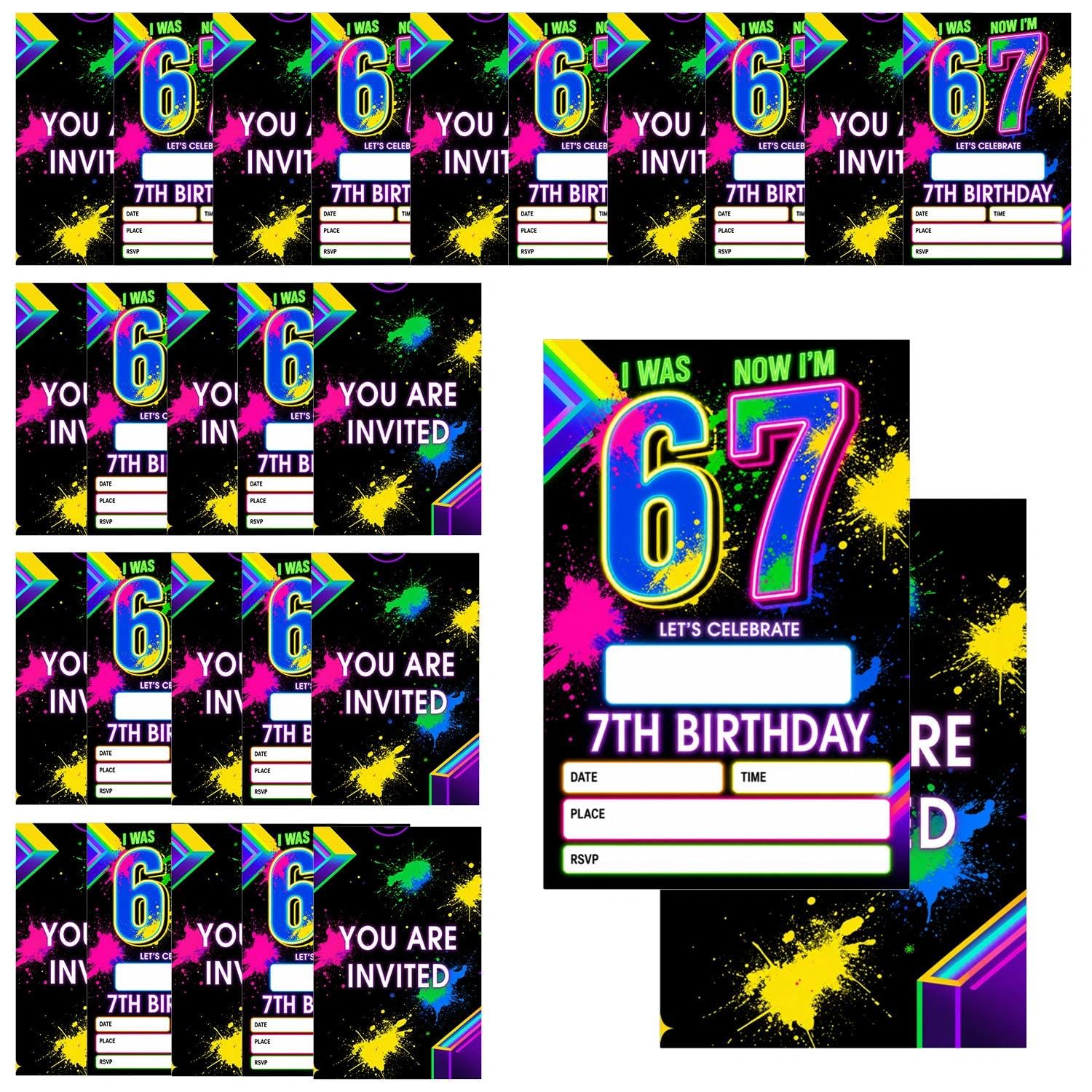 25PCS Neon Color Party Invitations Kids, Party Invitations for Boys Girls