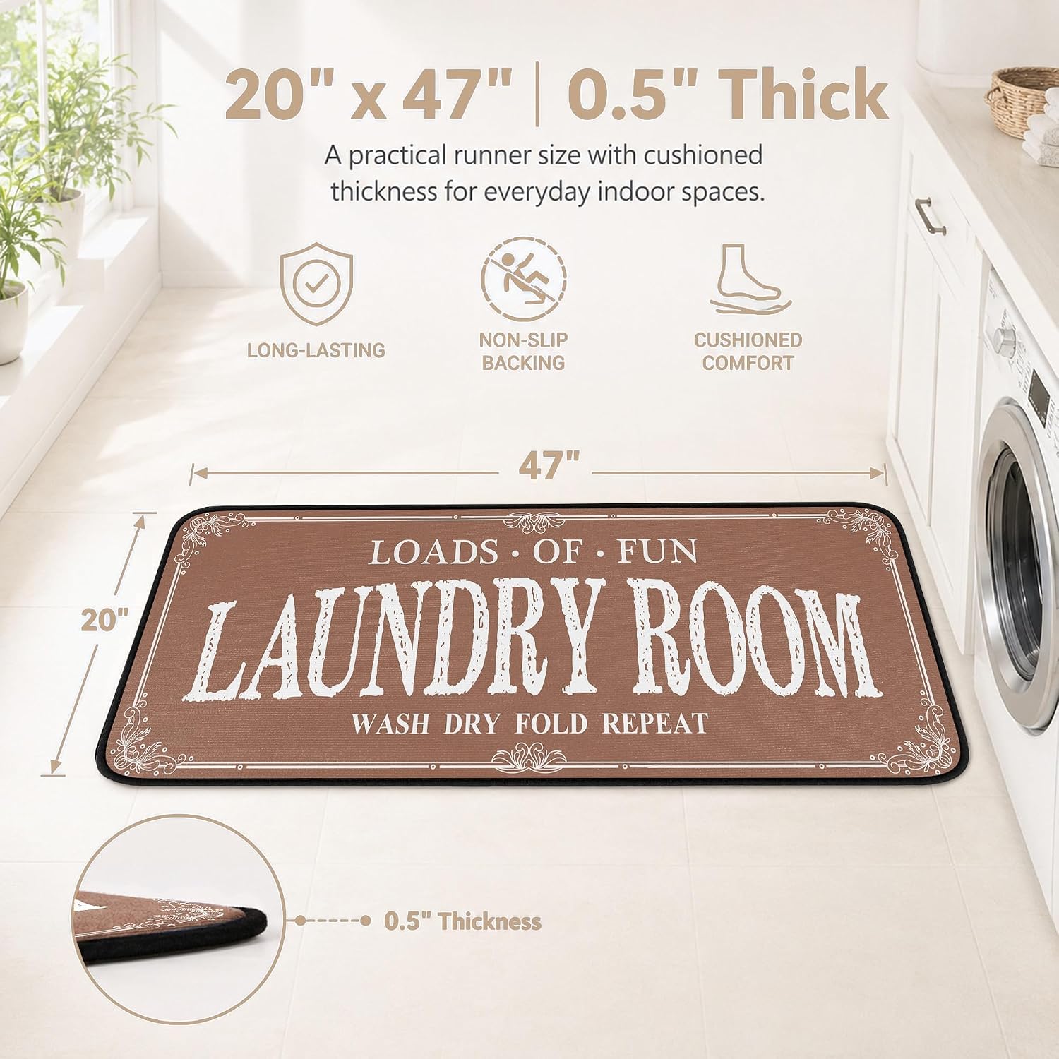 ROMAMIGO Laundry Room Rug Runner Non Slip Laundry Mats Mudroom Runner Farmhouse Kitchen Floor Mat Bathroom Laundry Room Decor Accessories(Brown, 20 X 47 inch) image 2