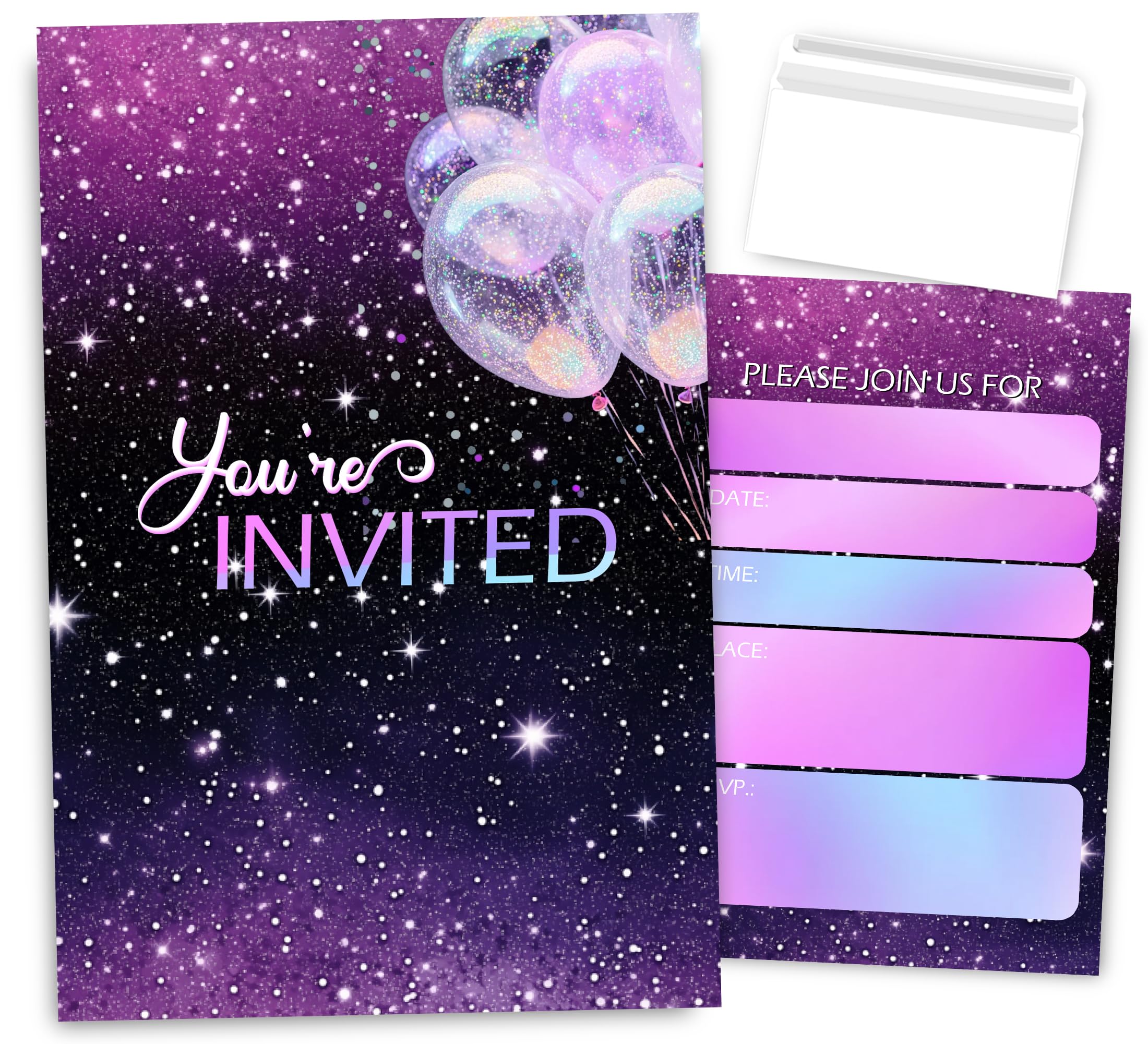 VAVINCI Simple Neon Pink Birthday Invitations for Girl, Purple Birthday Invites for Girls, 30 Sets with Envelopes