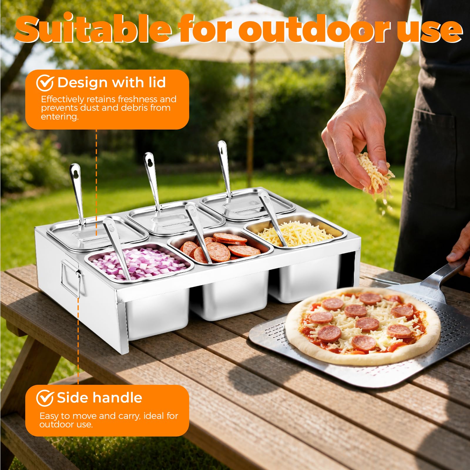 YJINGRUI Recipiente para ingredientes para pizza, 6 x 2 l, acero inoxidable, estación para pizza con asas y tapas para preparar salsas, especias, verduras, frutas, etc