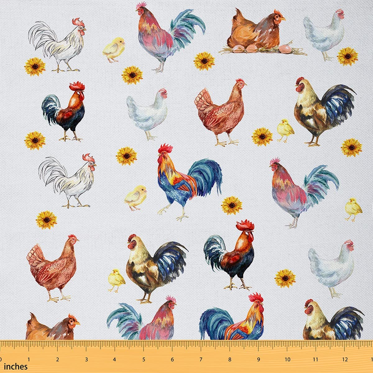 Richhome Multi 1 Watercolor Rooster Fabric For Decoration By The Yard,Rustic Farmhouse Style Outdoor Fabric For Diy Projects,Farm Sunflower Room Decor And Upholstery,3Yards