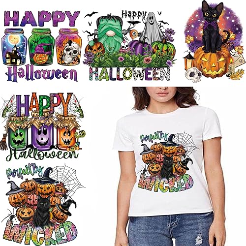 Miniatura 1 de Calcomanías para planchar de Halloween, vinilo de transferencia de calor, calabazas, calcomanías para planchar, lindas telarañas fantasmas, diseños