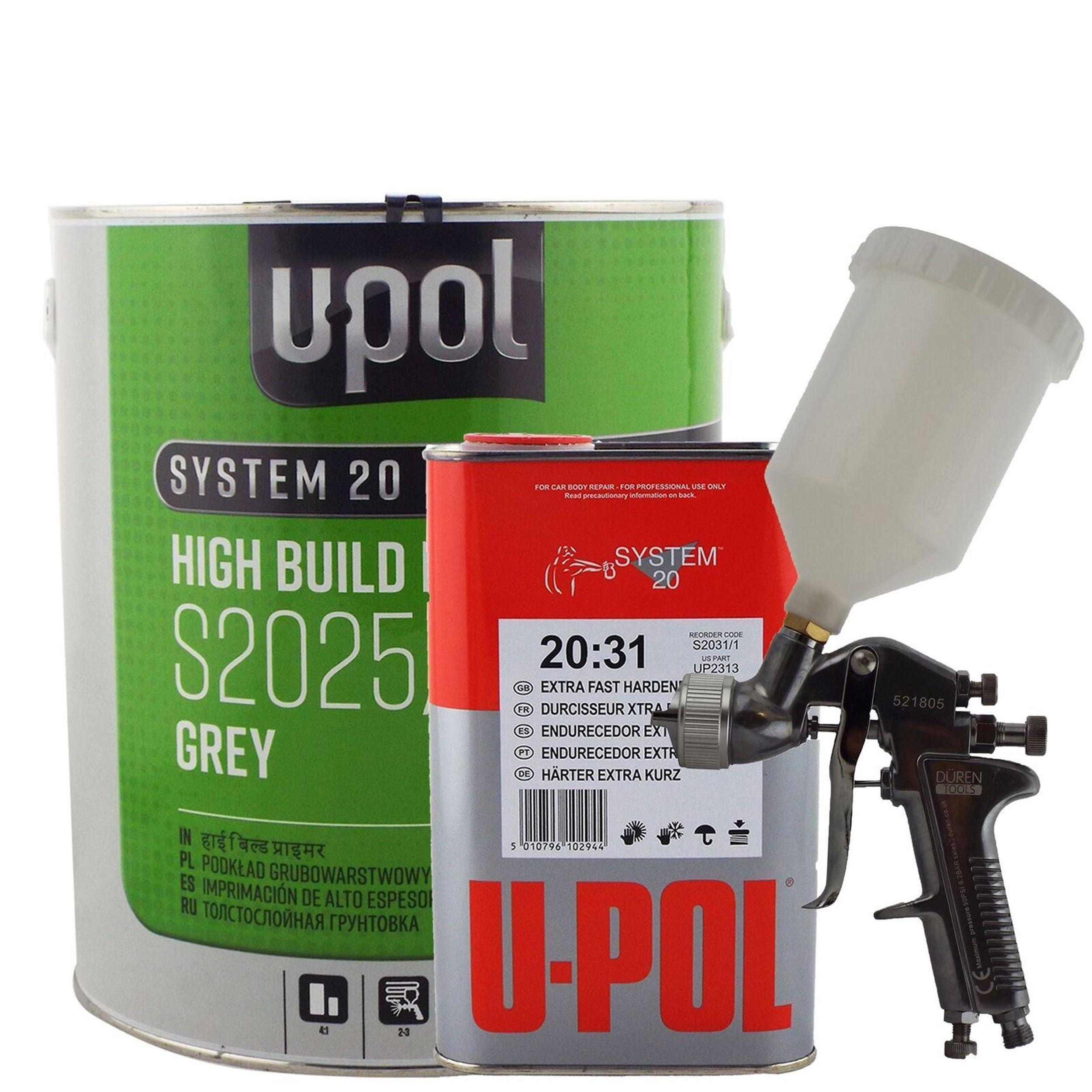 U-POL 5 Litre Kit + Gun. Grey Primer 4L/Extra Fast Hardener 1L/Duren 1.8mm Tip Continential Gravity Spraygun Cup Size 600ml Ideal for Spot Repairs & Panel Repair Primer