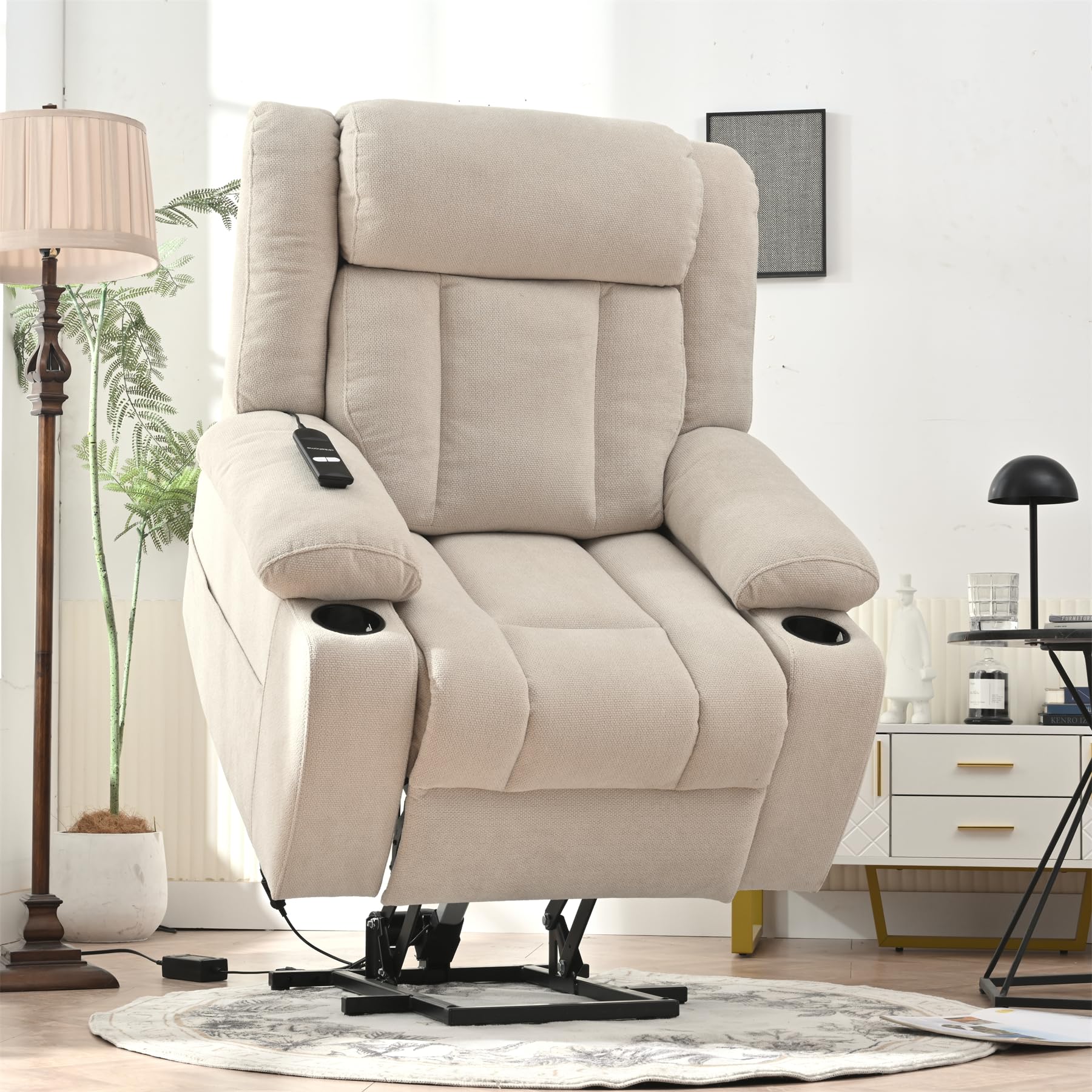 Power Lift Recliner Chair for Elderly,Fabric Lift Chairs for Living Room w/Extended Footrest,Classic Single Sofa,Home Theater Seat with 2 Cup Holders,Side Pockets,Remote Control(Light Gray)