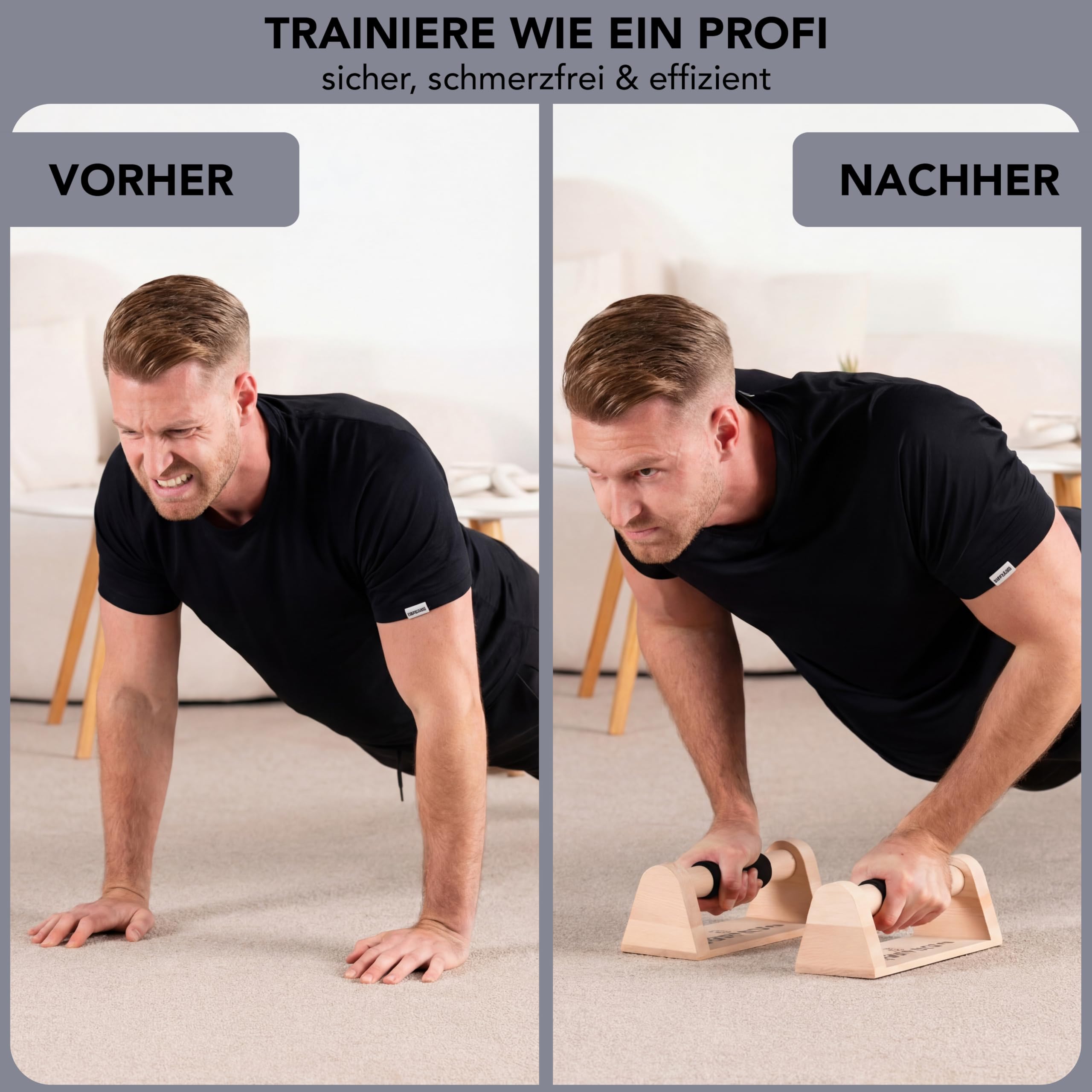 Premium Liegestützgriffe aus Holz [Extrem rutschfest und stabil] mit Soft Grip Griff | Parallettes | Ergonomische und gelenkschonende Handstand Griffe | Calisthenics Equipment