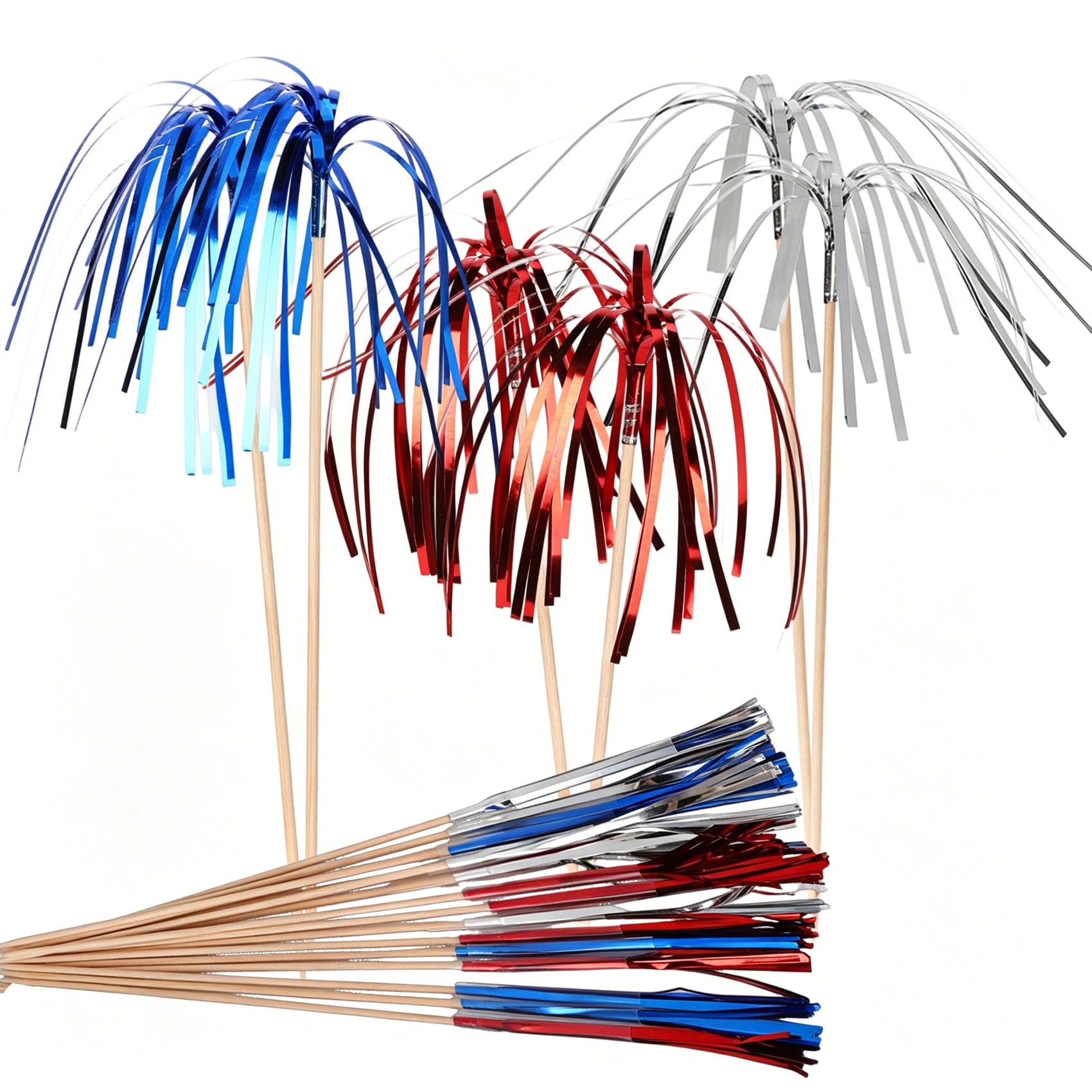 120pcs Firework Cocktail Sticks, Red Blue Silver Firework Food Picks for Drinks, 6 Inch Bamboo Toothpicks for Appetizers Fruit Food Cake, Hawaiian Luau Halloween Christmas Party Decoration