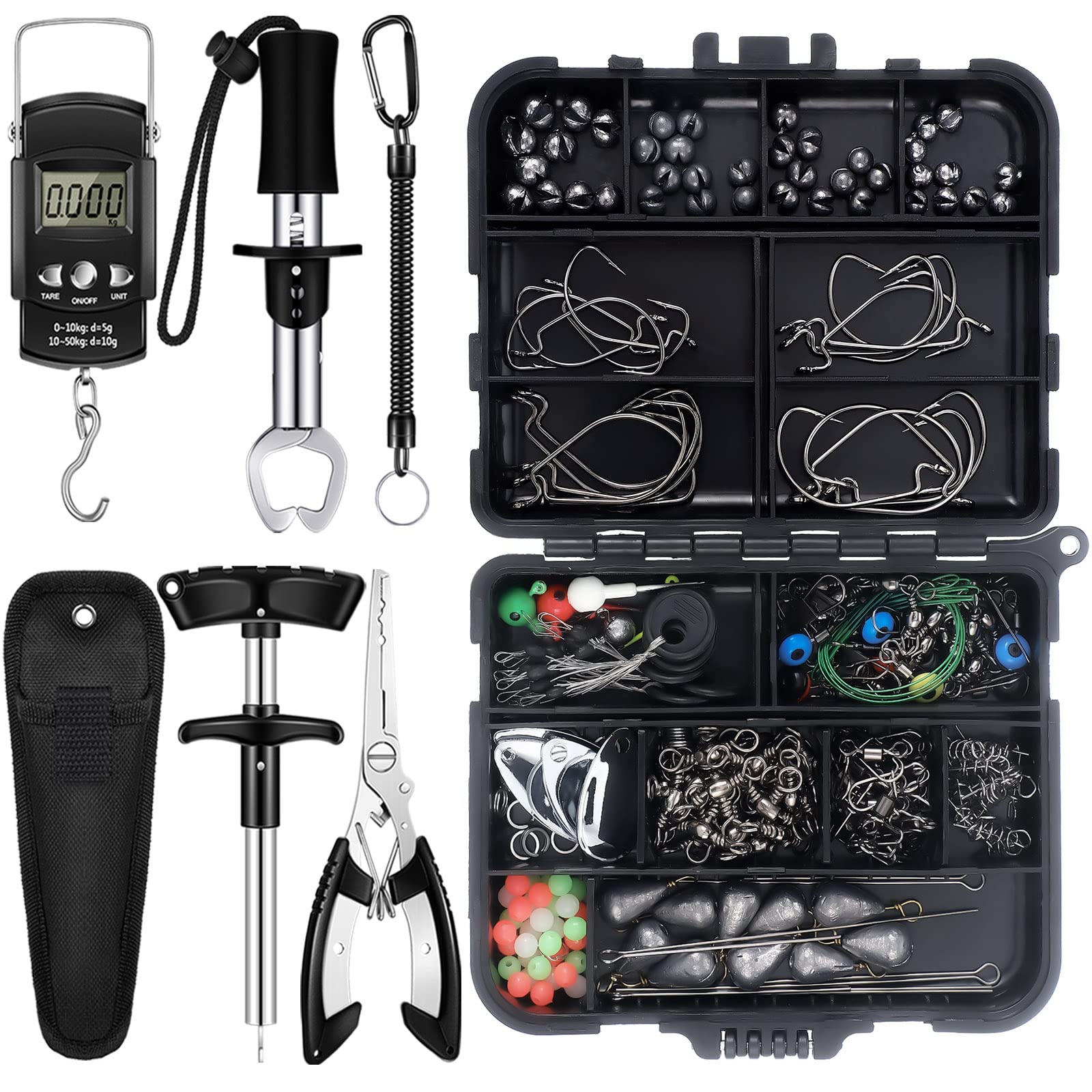 Hungdao 252 Pc Fishing Tool Kit Terminal Tackle Kit Fish Hook Remover Lip Gripper Digital Scale Pliers Lanyard Sheath Gear with Tackle Box