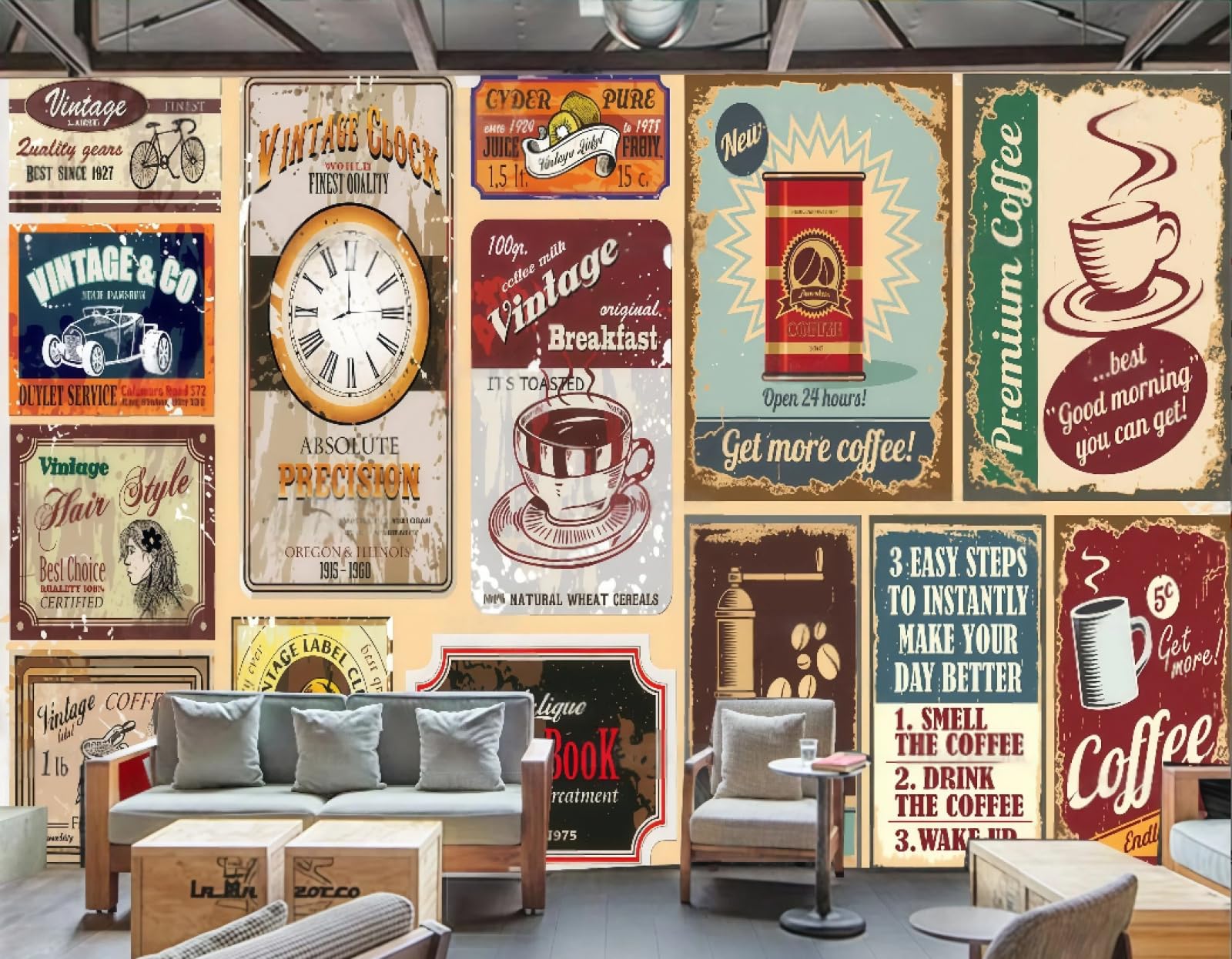 XDOUBAO Wallpaper Retro Nostalgic English Coffee Poster Dessert Drink Shop Afternoon Tea Western Restaurant Background Wall Wallpaper Coffee Shop Mural,3D,200x140cm