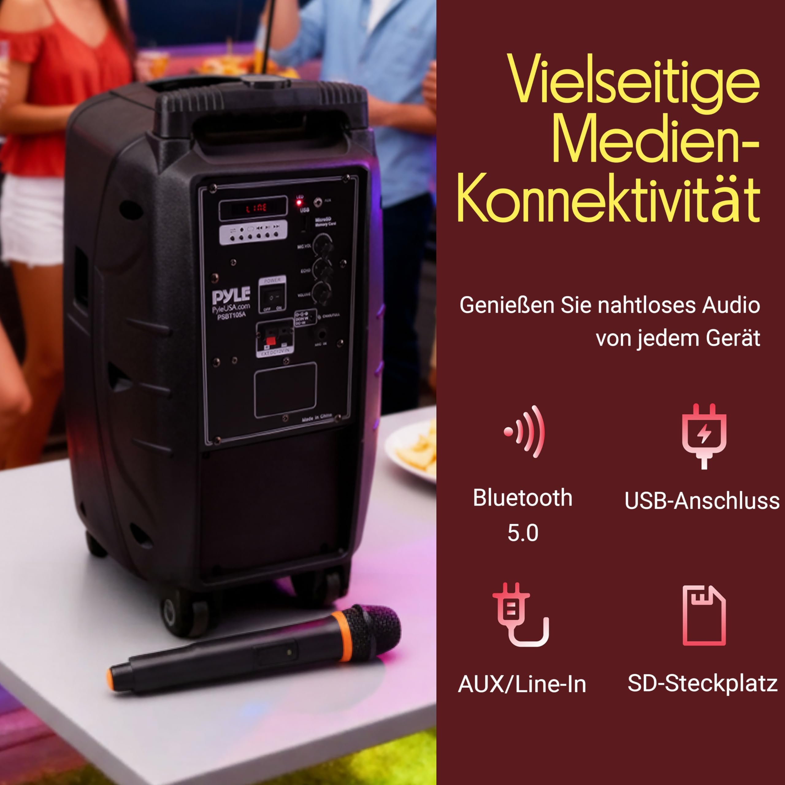 Pyle Musikbox Bluetooth Groß, Party Lautsprecher- 1000W, Partybox- mit Mikrofon, Soundbox- 10” Subwoofer, PA Anlage- Komplettset, Karaoke Maschine- LED Akku Anzeige, Party Speaker- MP3/USB/SD