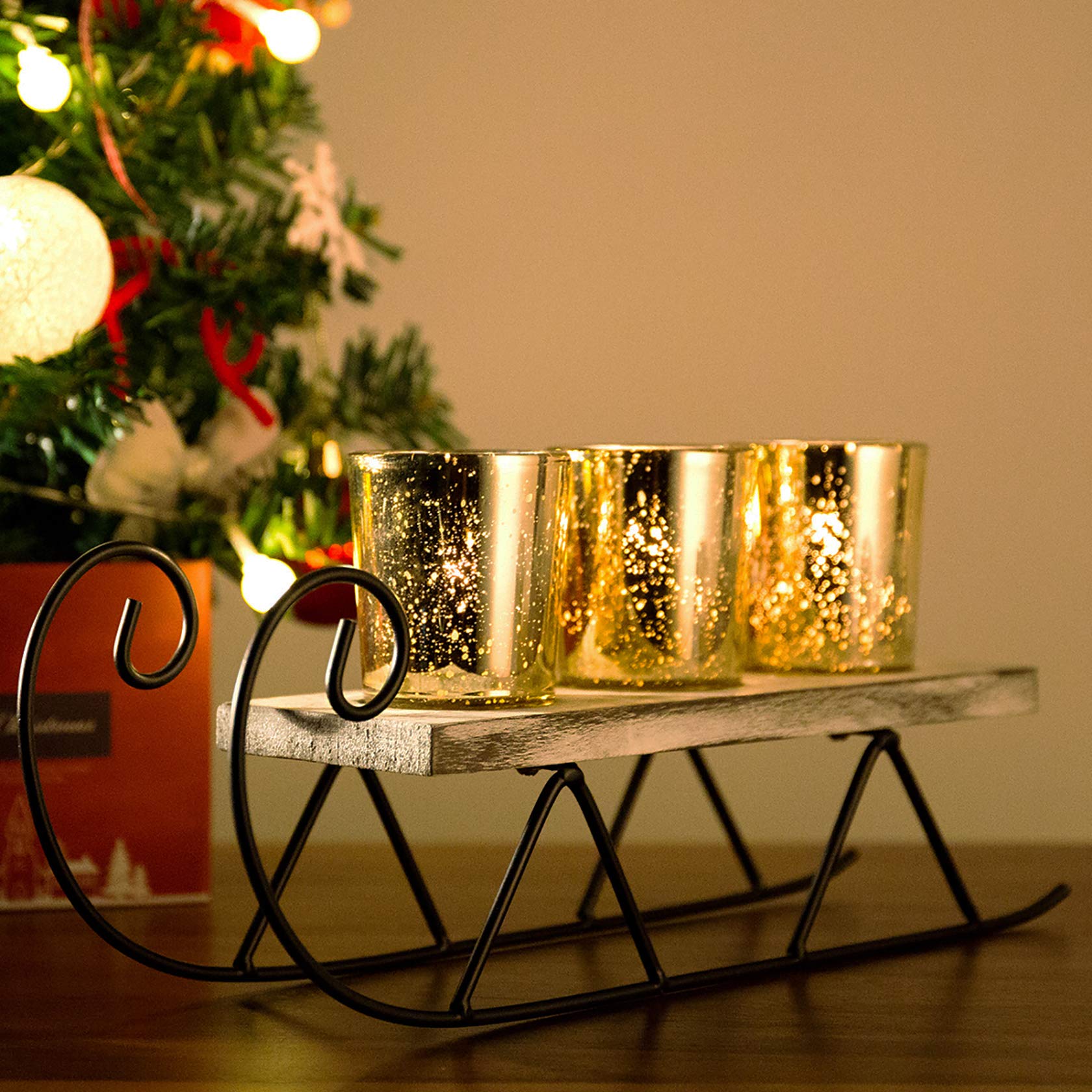 Diamond Star Christmas Candle Holders Mercury Glass Tealight Candle Holder Decorative Sled Votive Candlestick for Home(Gold)