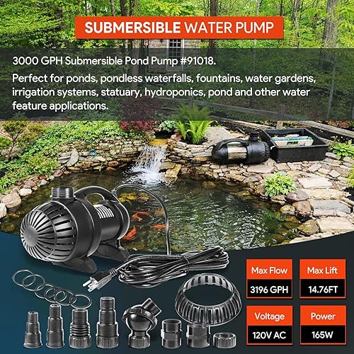 Miniatura 2 de 91018 3000 GPH Bomba de agua sumergible para estanque con cable de alimentación de 20 pies y bomba de estanque de altura de elevación de 15 pies