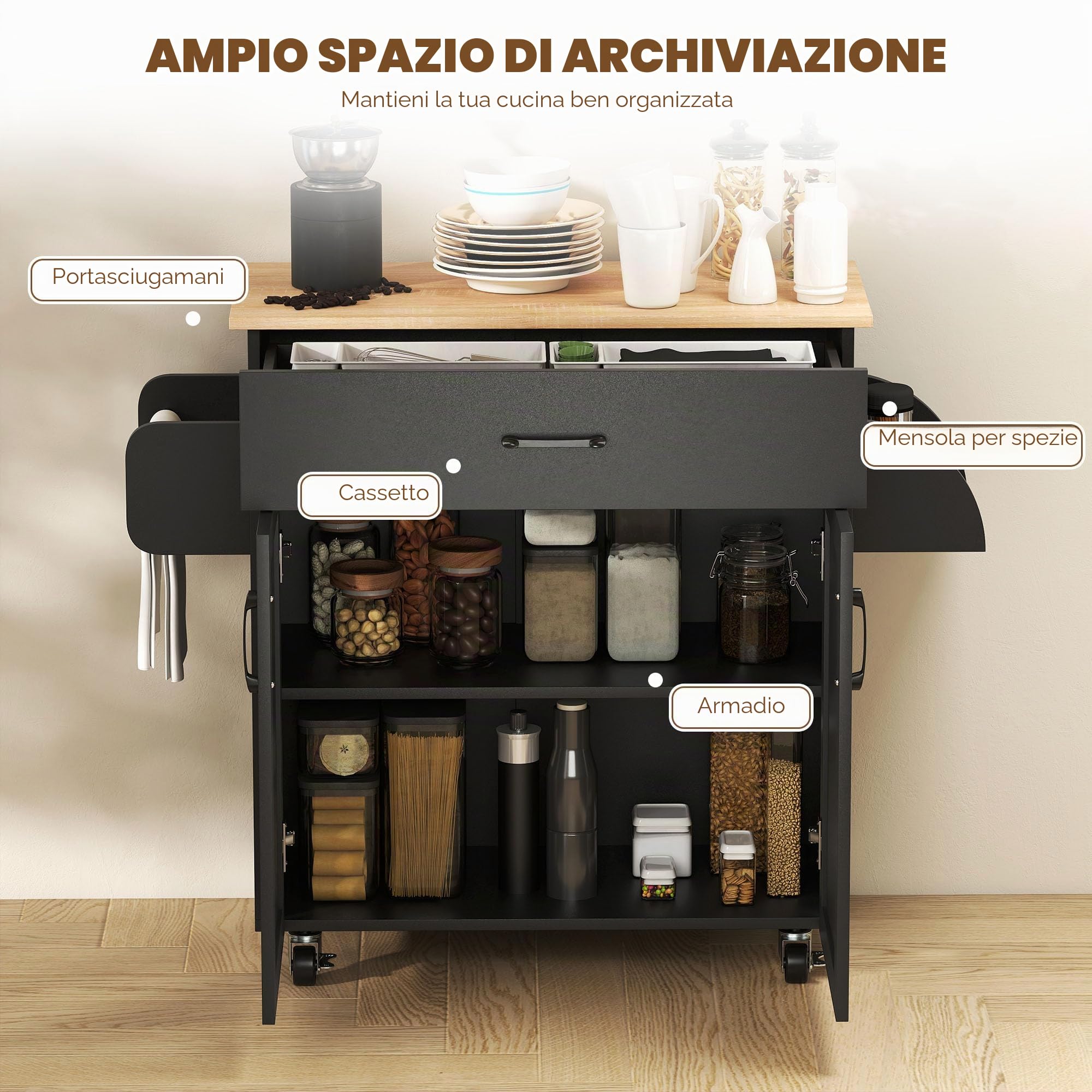 HOMCOM Isola Cucina con Contenitore 1 Cassetto 2 Ante Nero