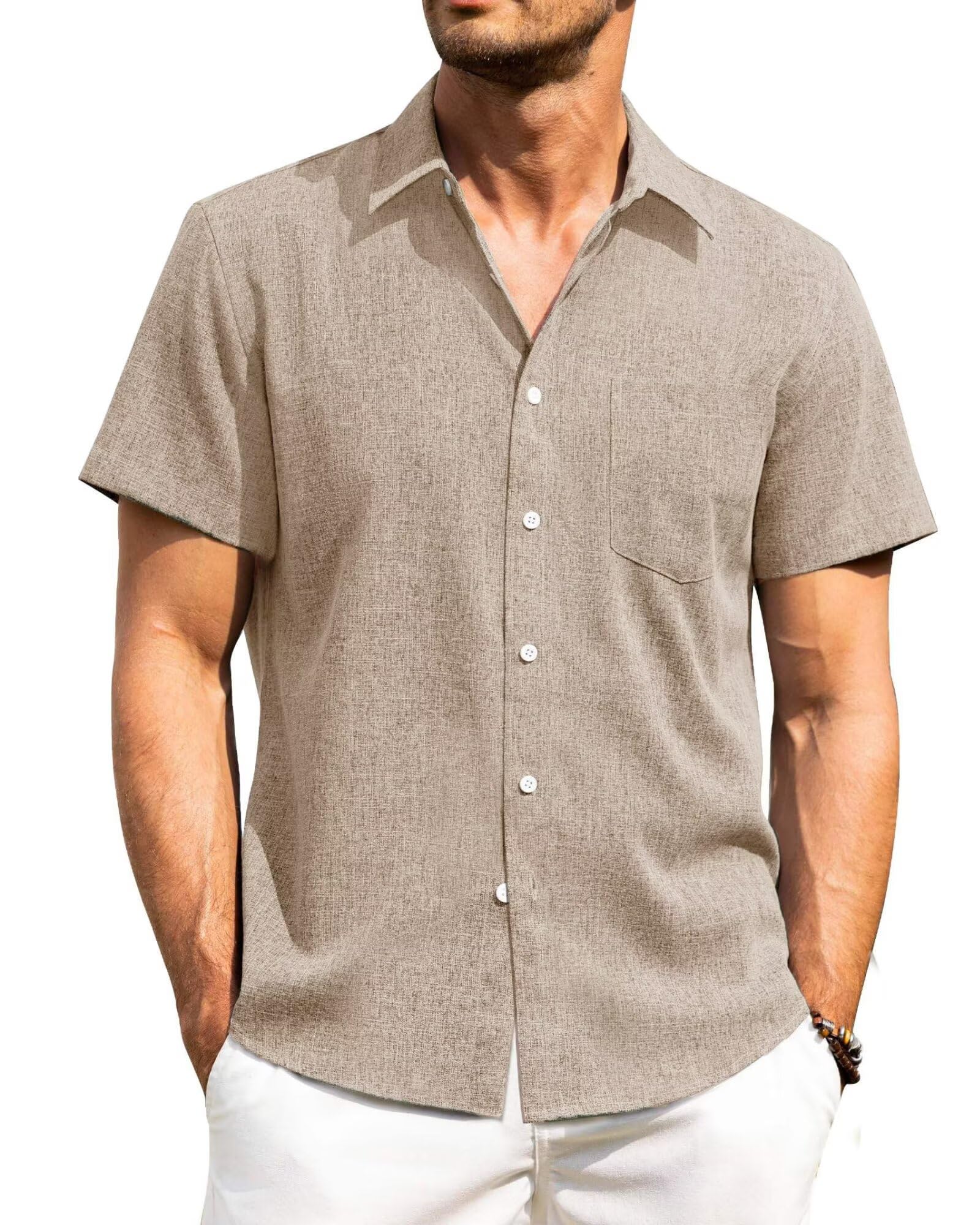 PrimeCrest Leinenhemd Herren Kurzarm Freizeithemd Sommer Button Down mit Brusttasche