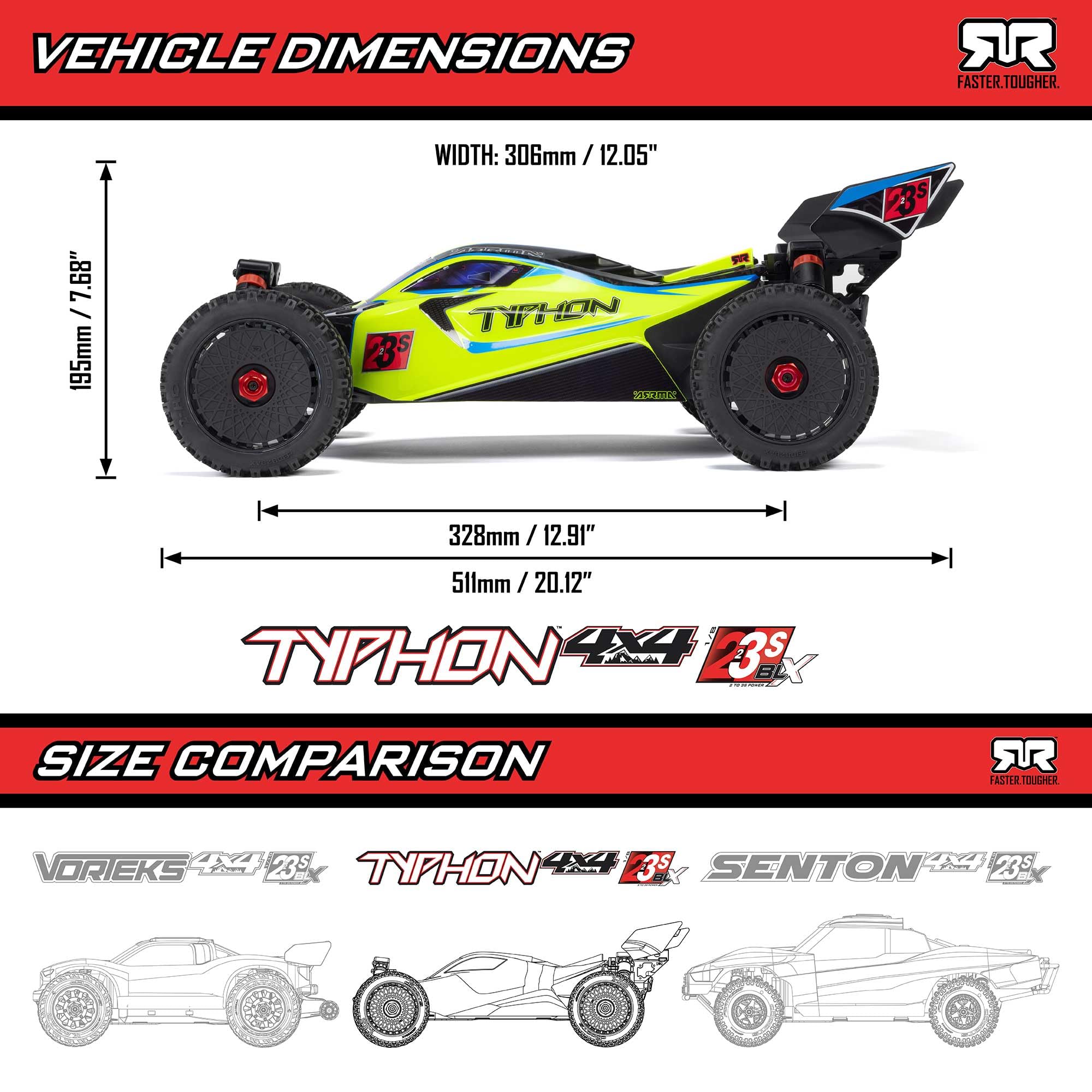 ARRMA RC Car 1/8 Typhon 4X4 223S BLX BRUSHLESS Buggy RTR (bateria i ładowarka nie są dołączone) z DSC RED/Blue, ARA4306V4T3