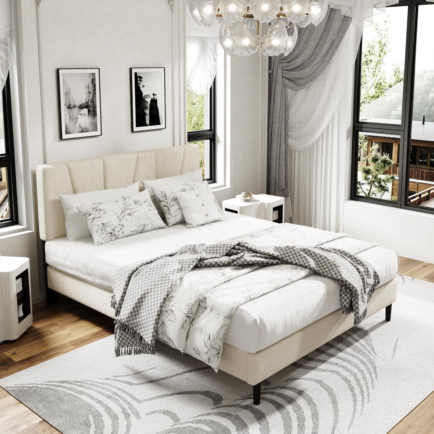 Queen Size Platform Bed Frame with Upholstered Headboard, Wooden Slats Support, Noise Free, No Box Spring Needed, Easy Assembly, Beige, Velvet Beige Queen