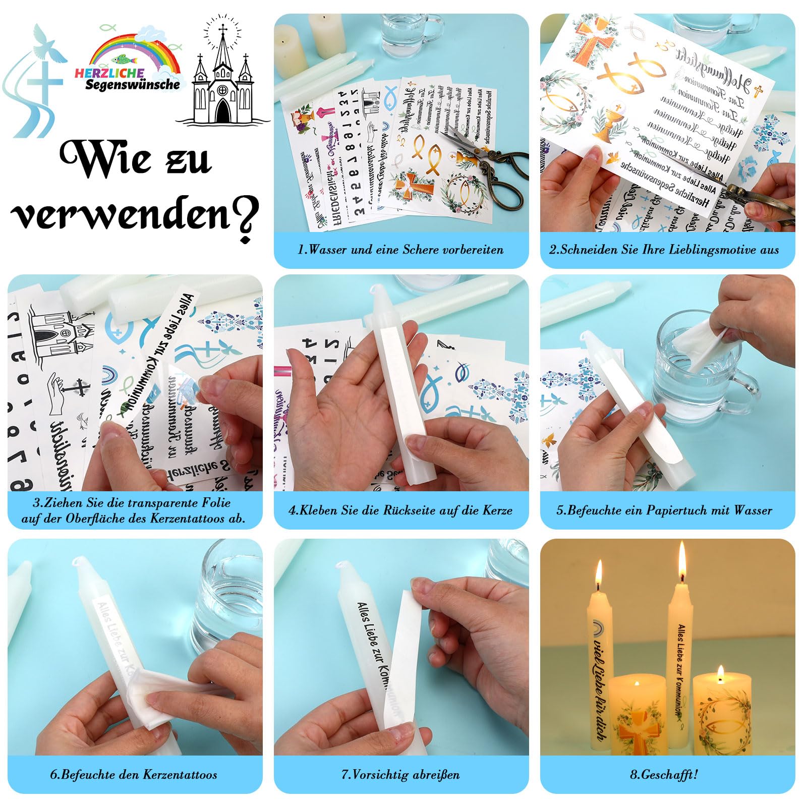RHHGOPM Lot 4 Films Autocollants Bougies Communion - Tatouages Eau Baptême Décoration