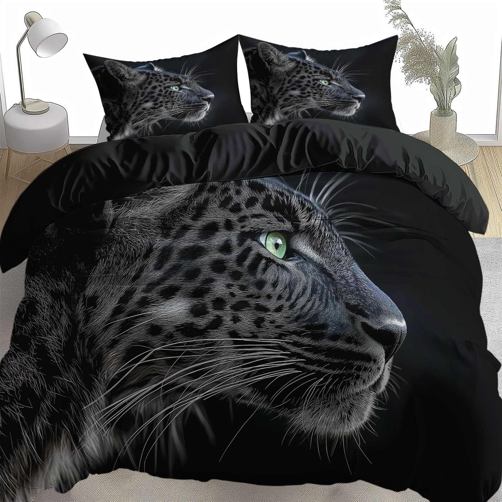 Housse de Couette Noir 2 Personnes Panthère Noire Parure de Lit 3 Pièces 240x220 cm avec Taies