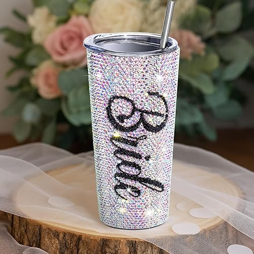 Miniatura 4 de Vesici Vaso aislado con diamantes brillantes para novia, de 20 onzas, con popote y tapa, regalo de ducha, regalos de boda para novia, fiesta de