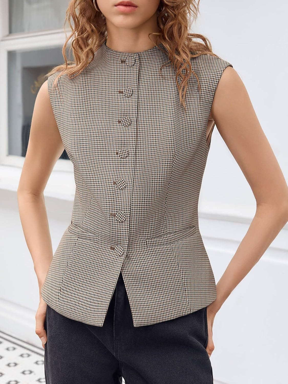 Tankaneo Womens Gingham Suit Vest Tops Round Neck Sleeveless Button Down Fitted Waistcoat Dressy Casual Plaid Blazer Vest - Image 5