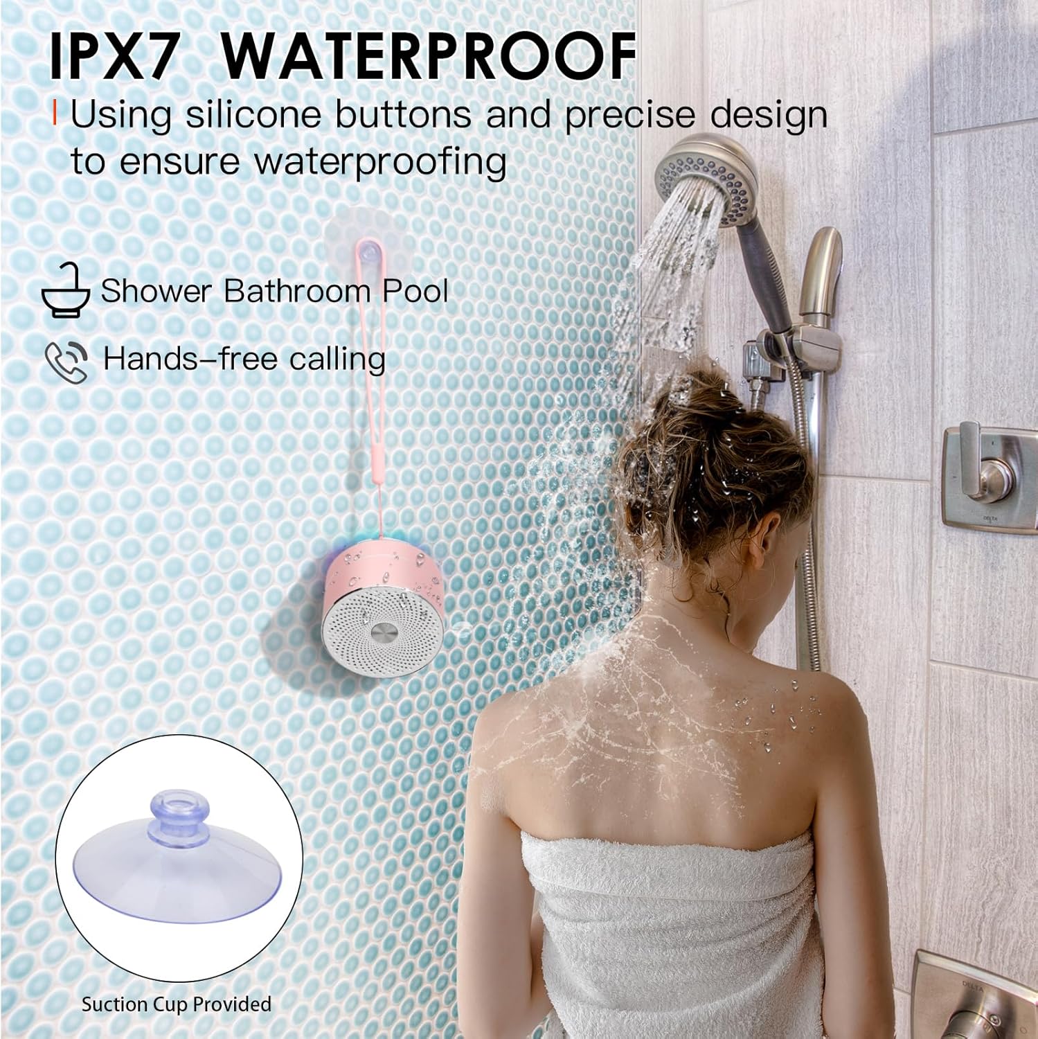 XLEADER SoundAngel A6 speaker mounted on a shower wall with a suction cup, while a person showers