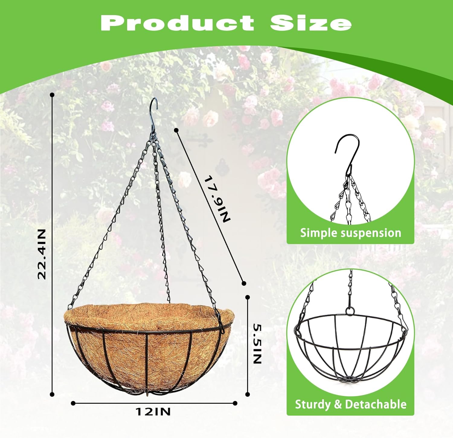 4 Pack 12 Inch Black Metal Hanging Basket Hanging Planter with Coco Coir Liner Heavy Duty Hanging Flower Pot Holder for Indoor Outdoor Patio Garden Porch Balcony Decor (Watermelon)