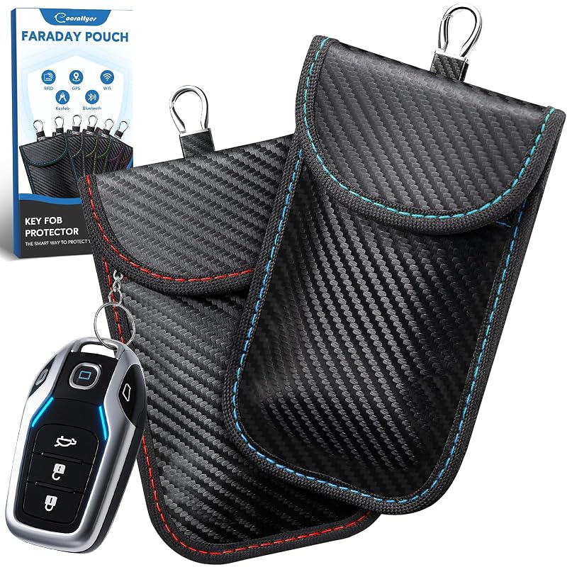 Bolsa Faraday Antifurto para Chave de Carro Coorattyes com Gancho, Vermelha e Azul, Tamanho S 12,0 x 7,9 cm, 2 unidades