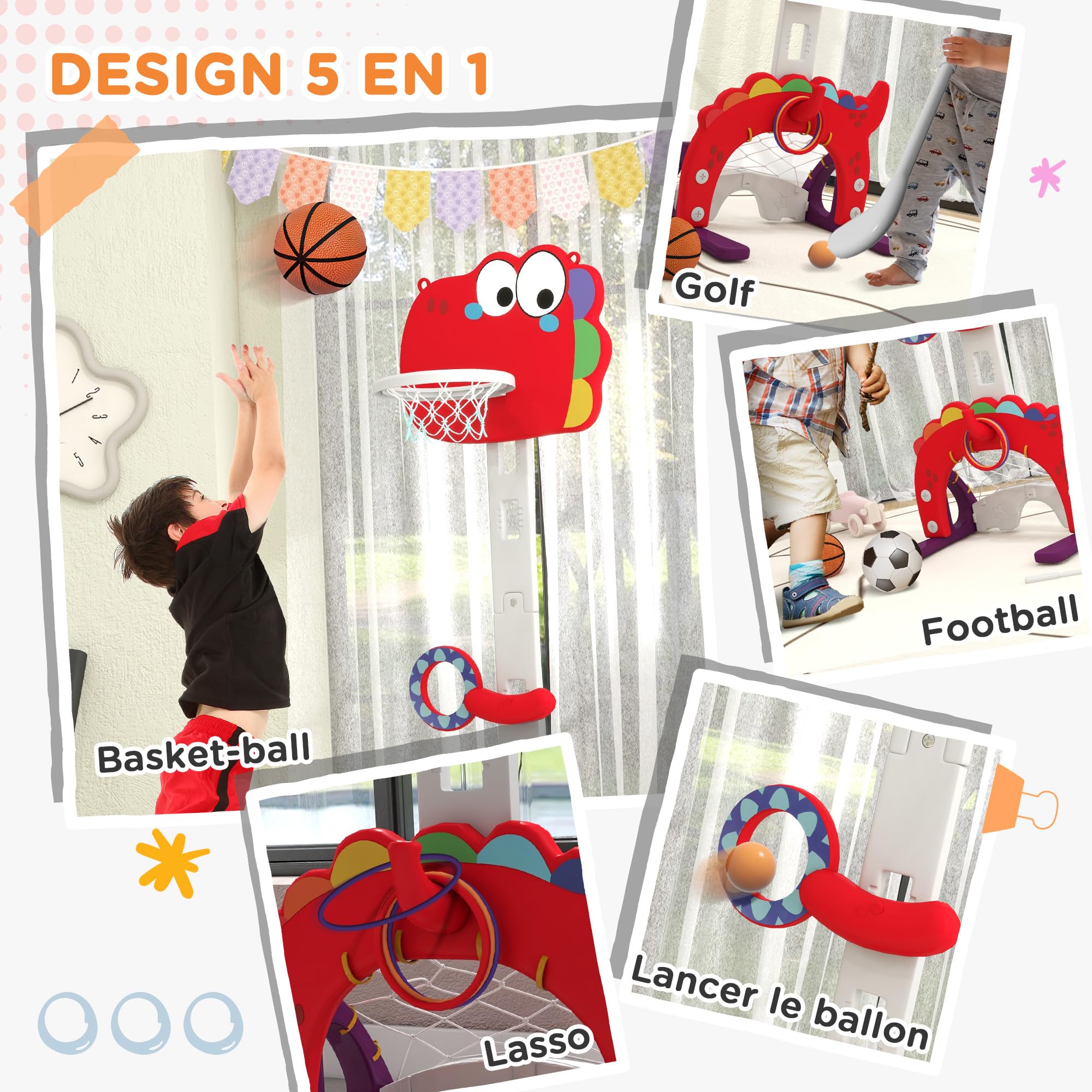 AIYAPLAY Panier de Basket-Ball pour Enfants Hauteur Réglable 3-6 Ans Rouge